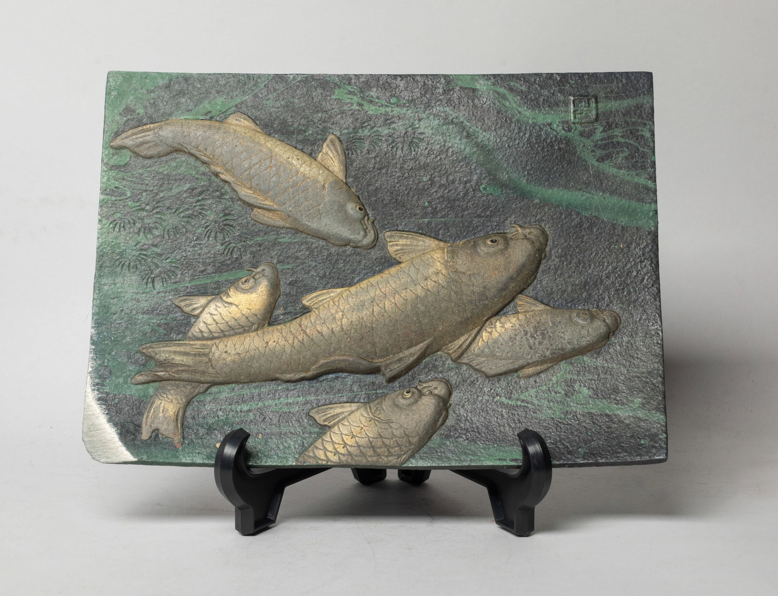 Vintage Japanese Painted Bronze Plate: Of rectangular shape, cast with five catfish swimming amidst water plants, with stand. Approx. 9.5*7 inch (w/o stand).