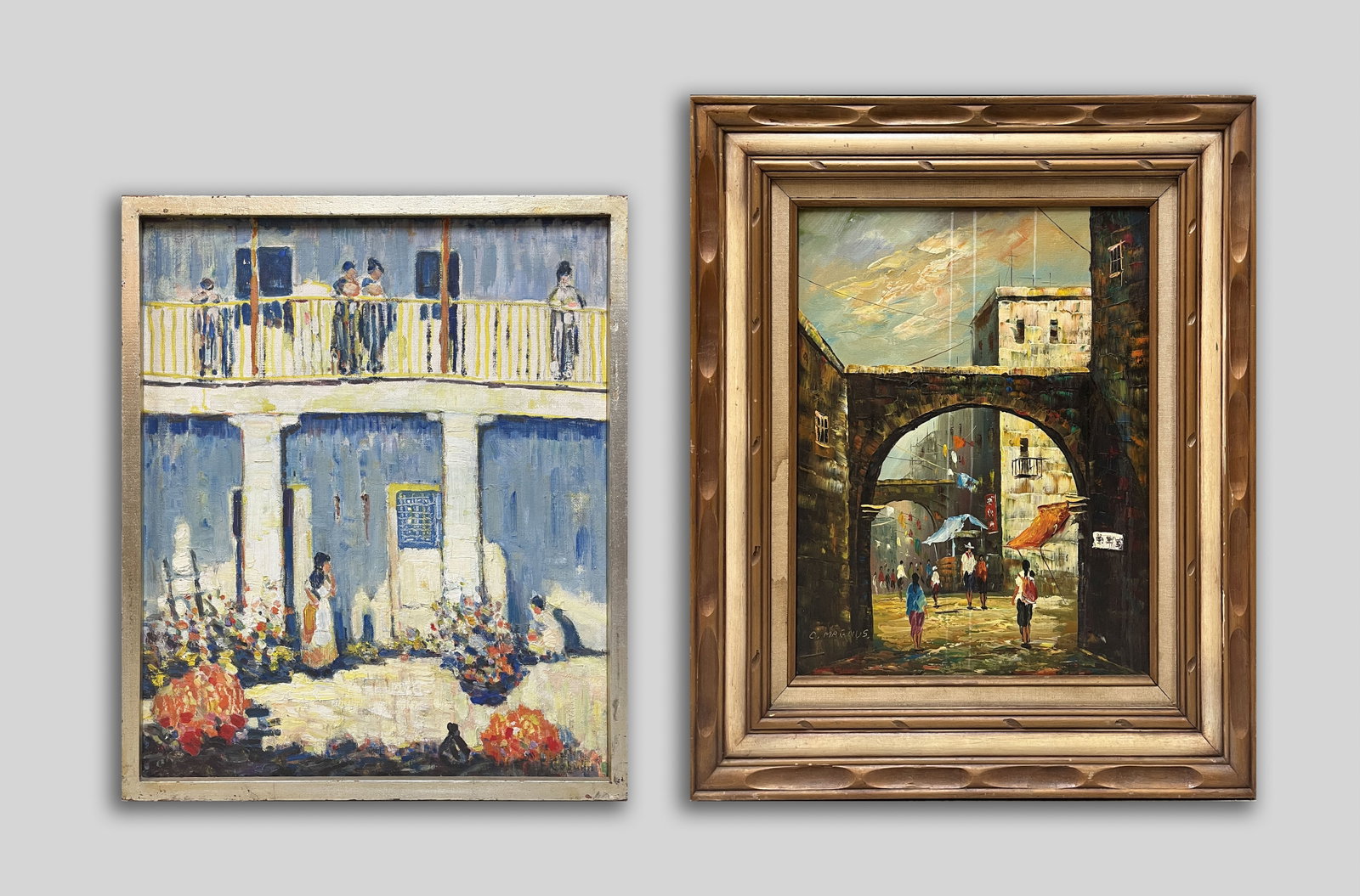 Two Vintage Oil Paintings: Two framed oil paintings of street scene. Approx. 28*24 inch (larger frame).