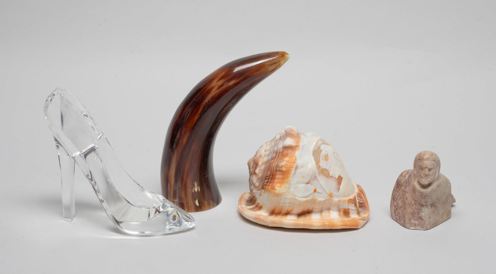 Victorian Type Cameo Sculpture & House Decors: Including a shell sculpture carved with female bust, a stone figure sculpture, an acrylic high heel sculpture, and a room decor. Approx. 4.4*3.5*3.1 inch (shell size).