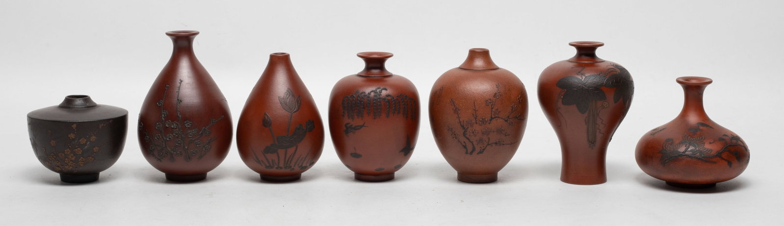 Set Chinese Zisha Clay Vases: Set of seven various shape Chinese zisha clay cabinet vases. Approx. 4.06*2.65 inch (largest).