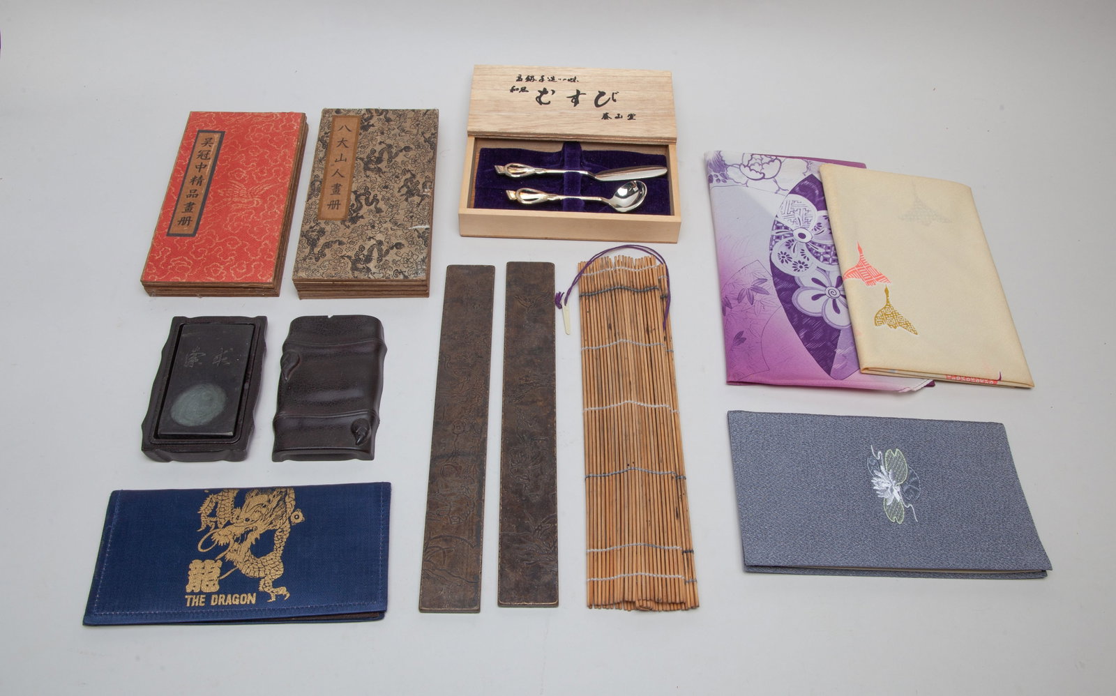 Chinese Book, Writing Sets, Paper Weights: Including Chinese painting books, paper weights, writing pieces, and decors. Size varies.