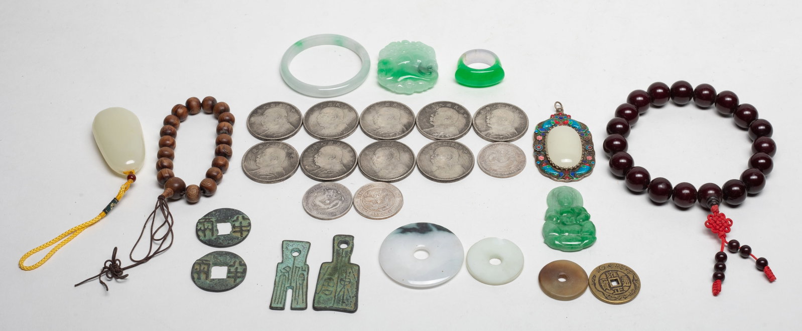 Chinese Fengshui Coins, Jade, Stone, Decors: Including Chinese Fengshui coins, jade and stone carvings, prayer beads, a bangle and a thumb ring. Size varies.