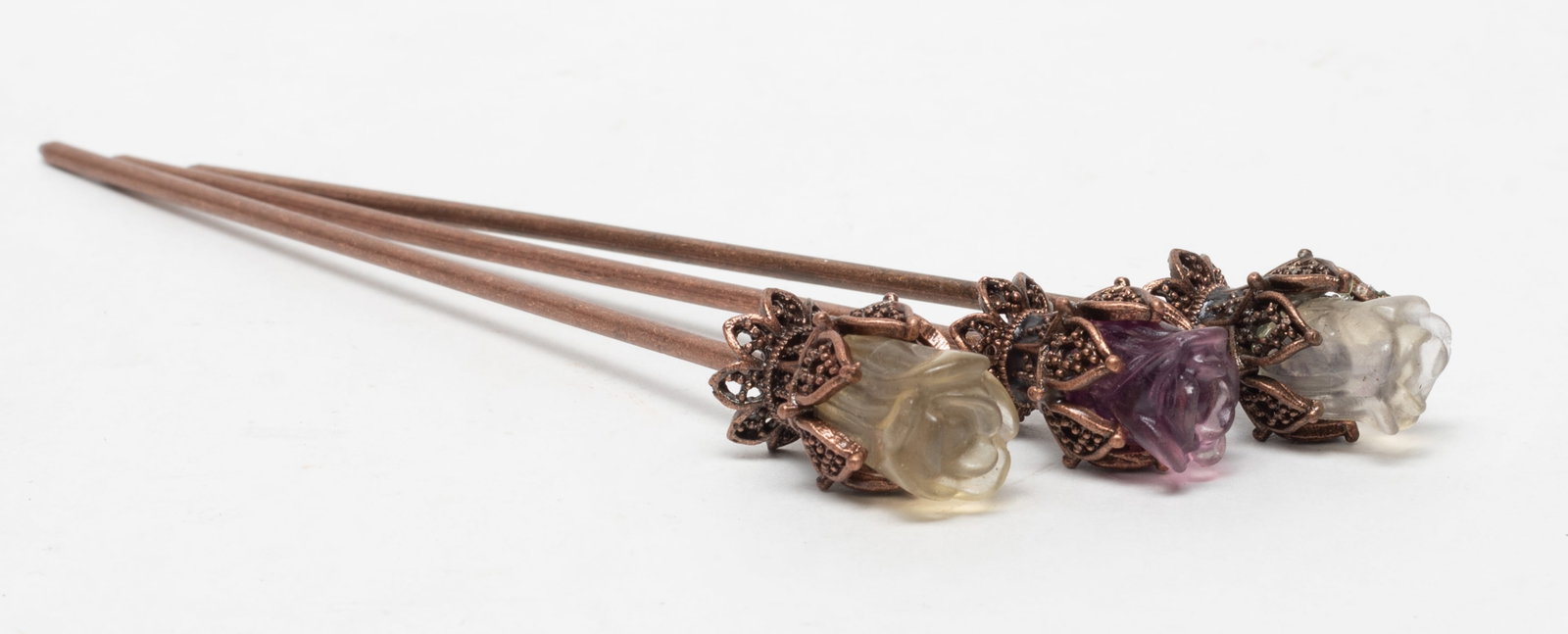 Vintage Crystal, Gemstone, Brass Long Pins: Set of three vintage crystal, gemstone and brass flower form hairpins. Approx. 5.4 inch L (each).