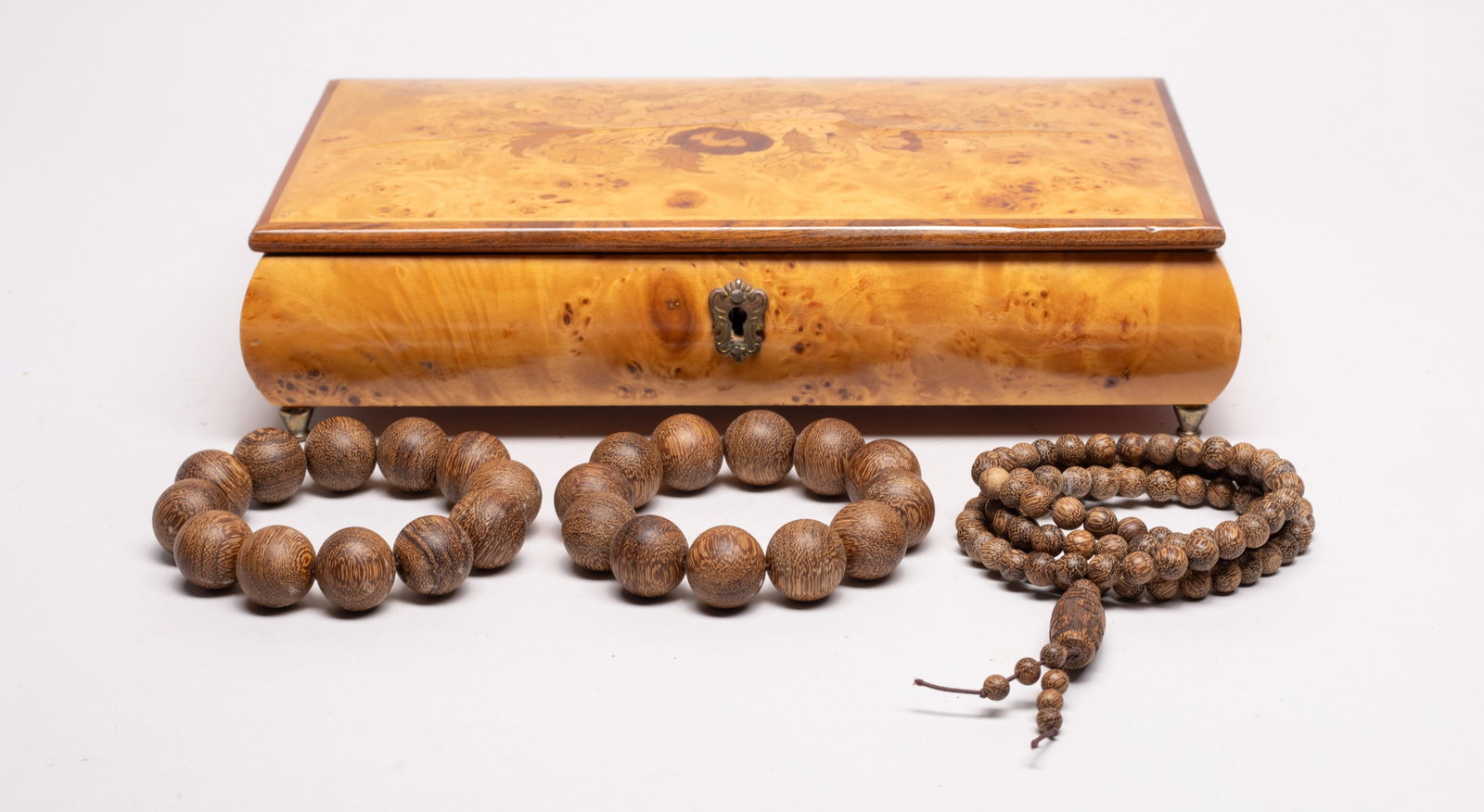 Set South Asian Agarwood Prayer Beads: Set of three strings of South Asian agarwood prayer beads, slightly fragrant, with box. Approx. 118 gram (total bead weight), 0.8 inch D (larger bead size).