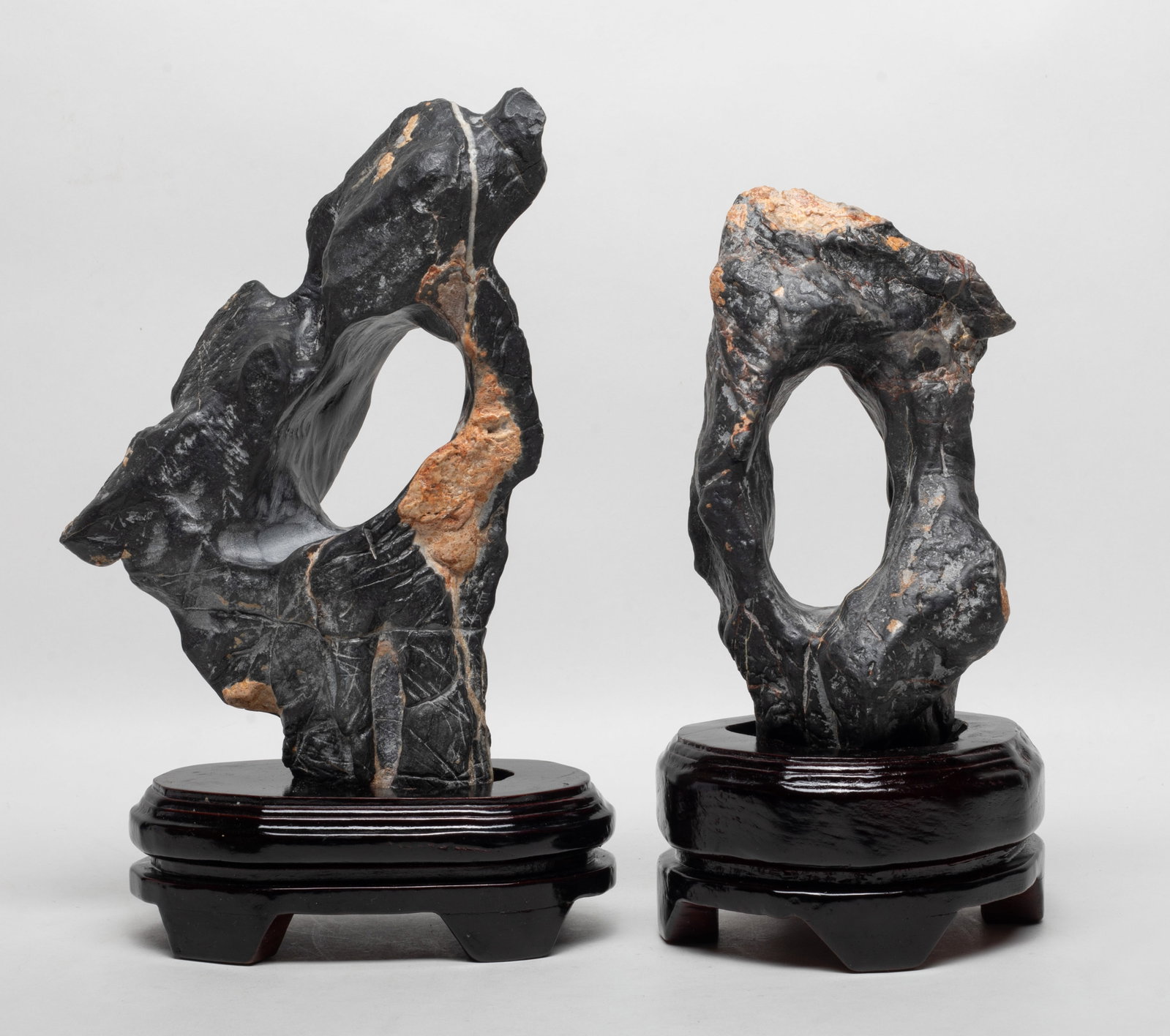 Two Chinese Export Scholar Stone Sculptures: Two Chinese scholar stone sculptures with stands. Approx. 11.5*6.5*2.8 inch (w/o stand).