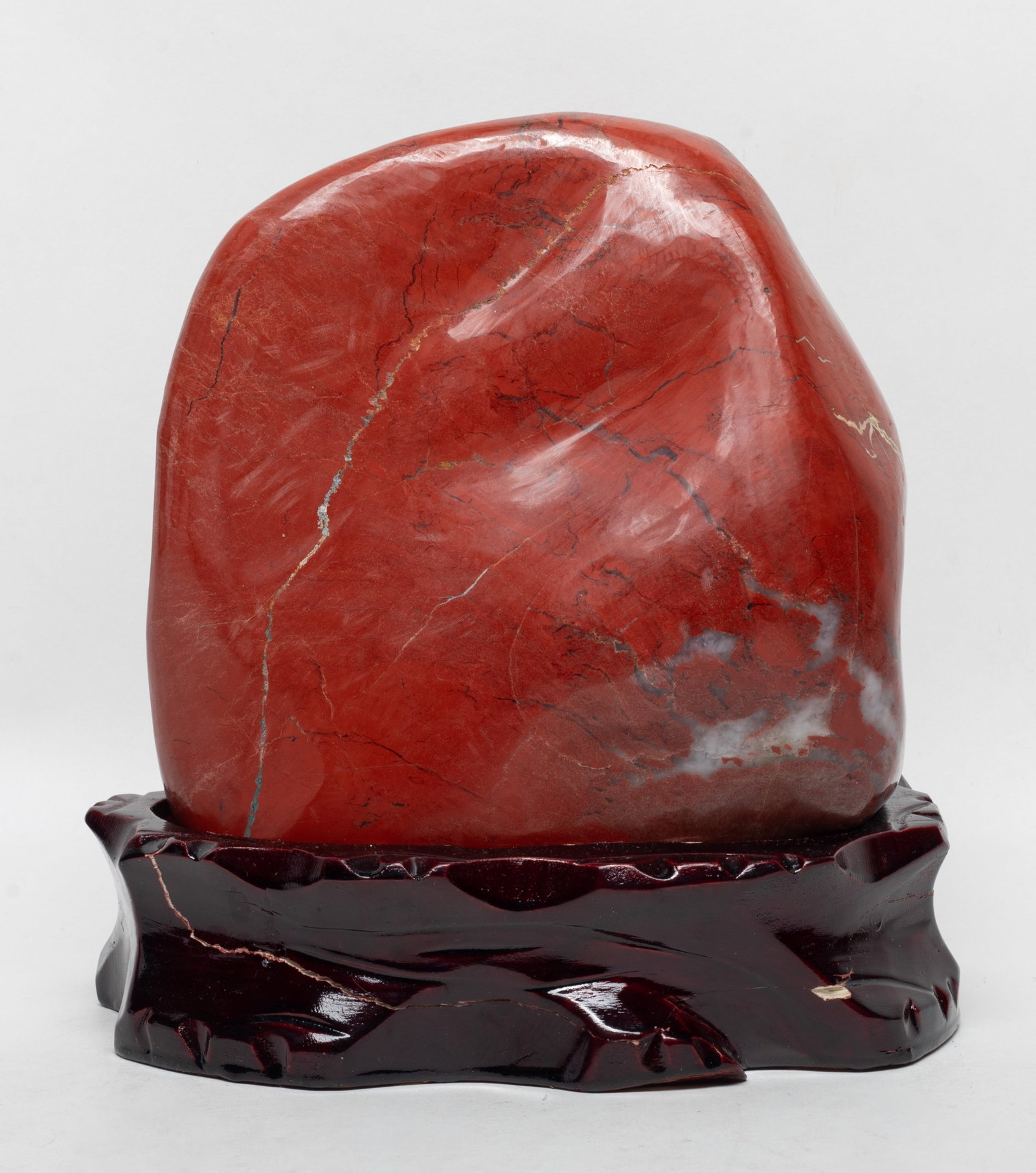 Tall Chinese Jasper Scholar Stone: Tall Chinese jasper scholar stone sculpture, with stand. Approx. 8*7.5*4.5 inch (w/ stand).