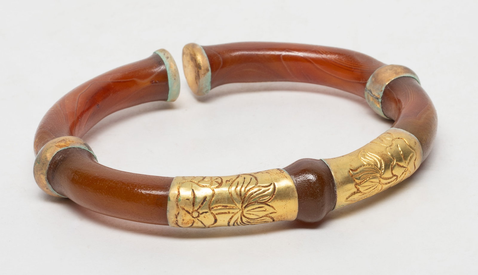 Unusual Chinese Cameo Agate Bangle: Special Chinese metal and cameo agate cuff bangle carved lotus. Approx. 4.3 inch outer width, 3.08 inch inner width.