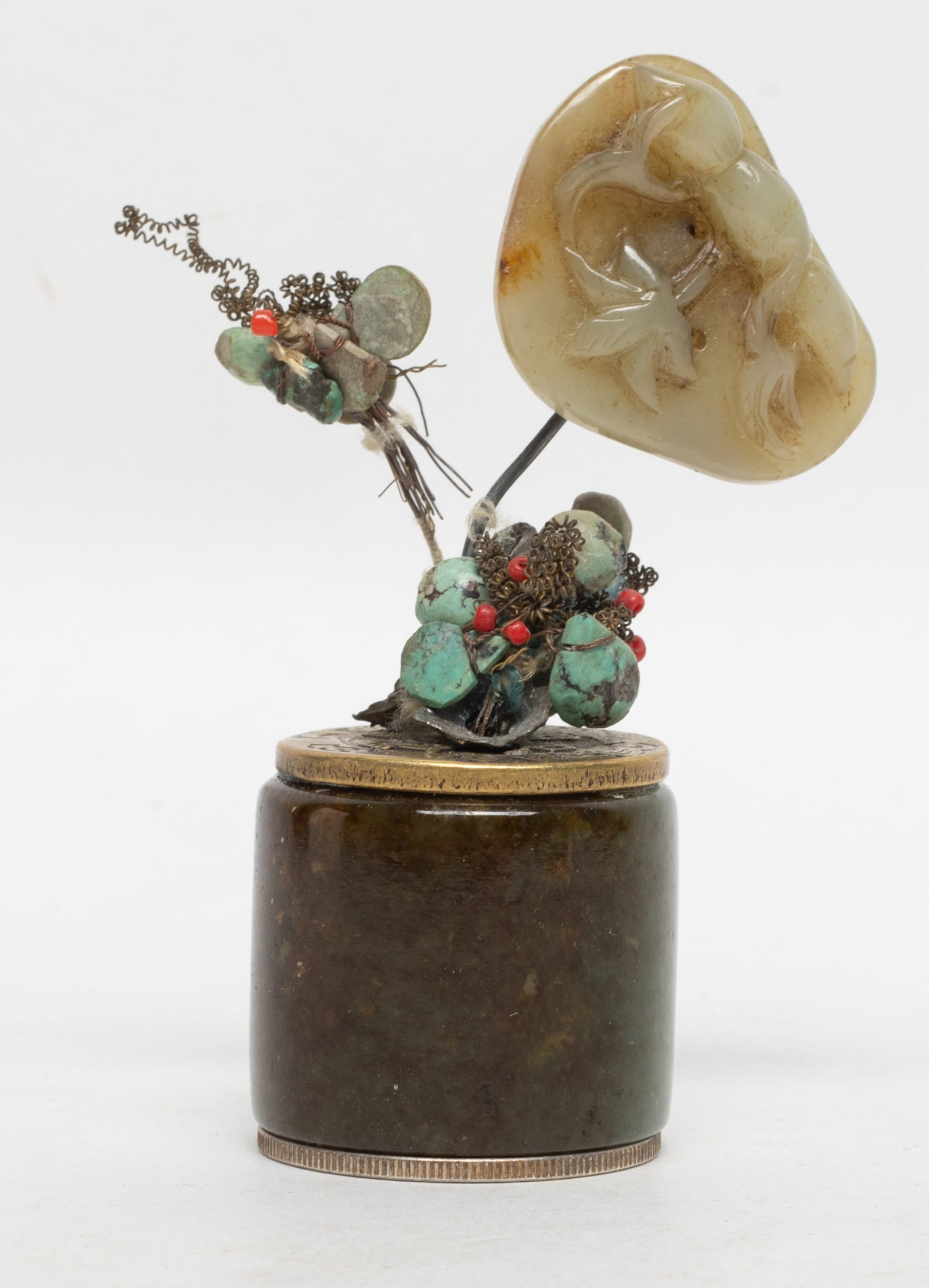 Vtg. Chinese Jade, Stone, Metal, Cabinet Bonsai: Chinese jade, stone and metal cabinet bonsai, the jade carved lotus bloom and root. Approx. 3.2*1.4 inch.