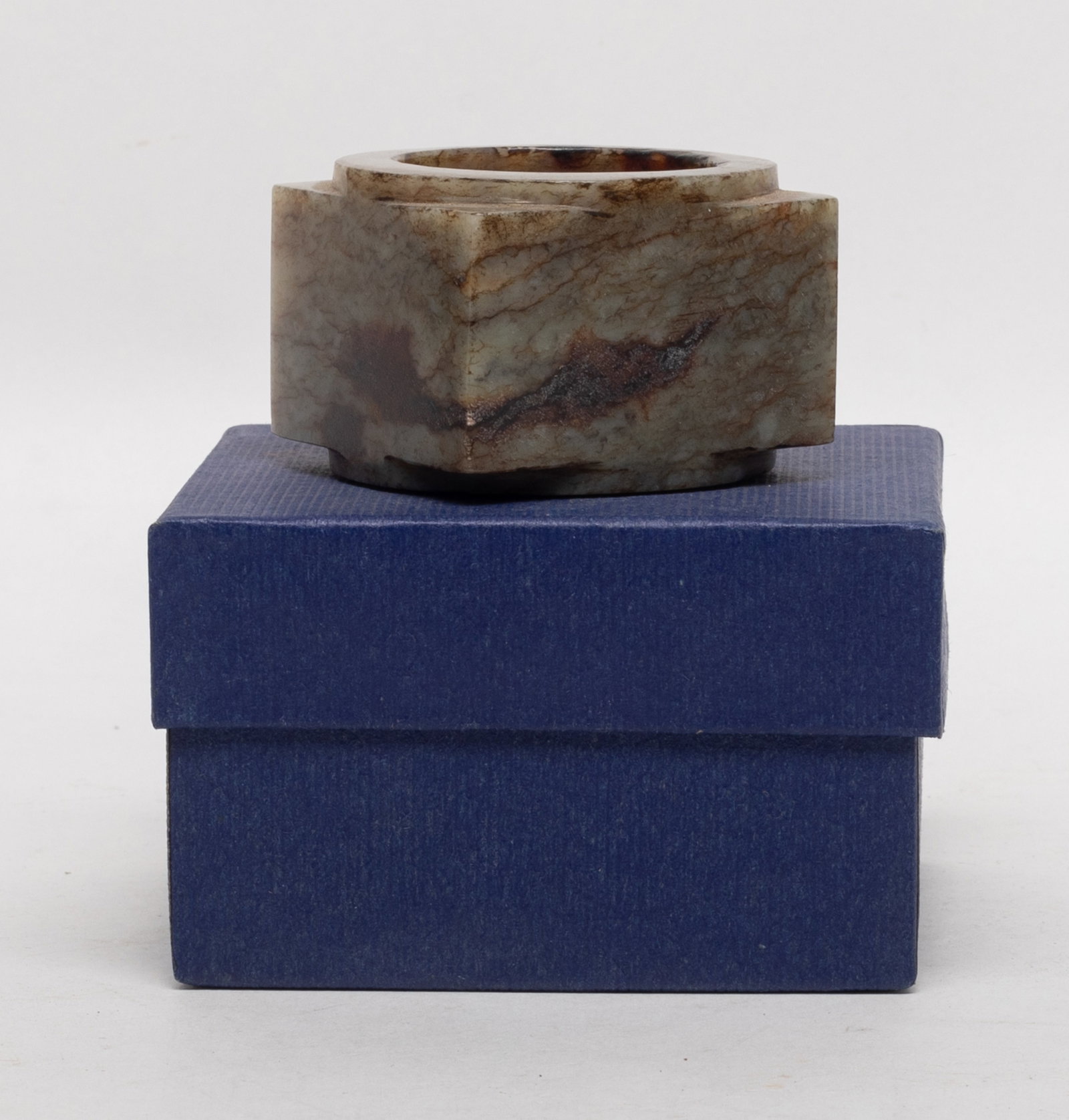 Chinese Jade Carved Sculpture of Cong: Chinese russet jade carved sculpture of cong, with box. Approx. 2.02*1.97*1.45 inch (jade size).