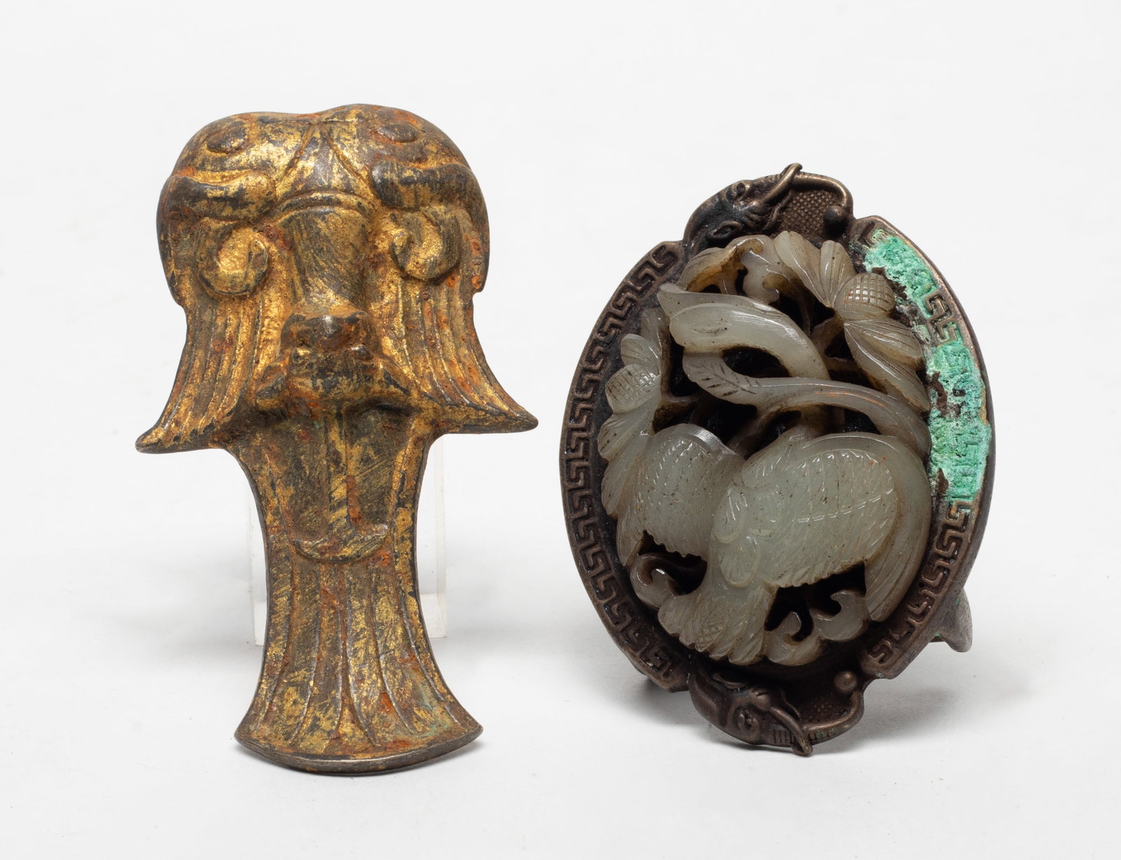 Estate Chinese Jade Belt Buckle, Gilt Bronze Piece: The gilt bronze piece cast of stylized beast form, the jade belt buckle carved bird and flowers. Approx. 3.5*2*1.08 inch (larger).
