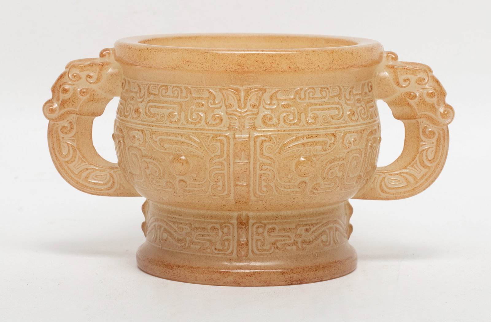 Estate Chinese Jade Like Censer: Chinese jade-like censer carved with archaistic masks an beasts. Approx. 5.1*3.4*2.8 inch.
