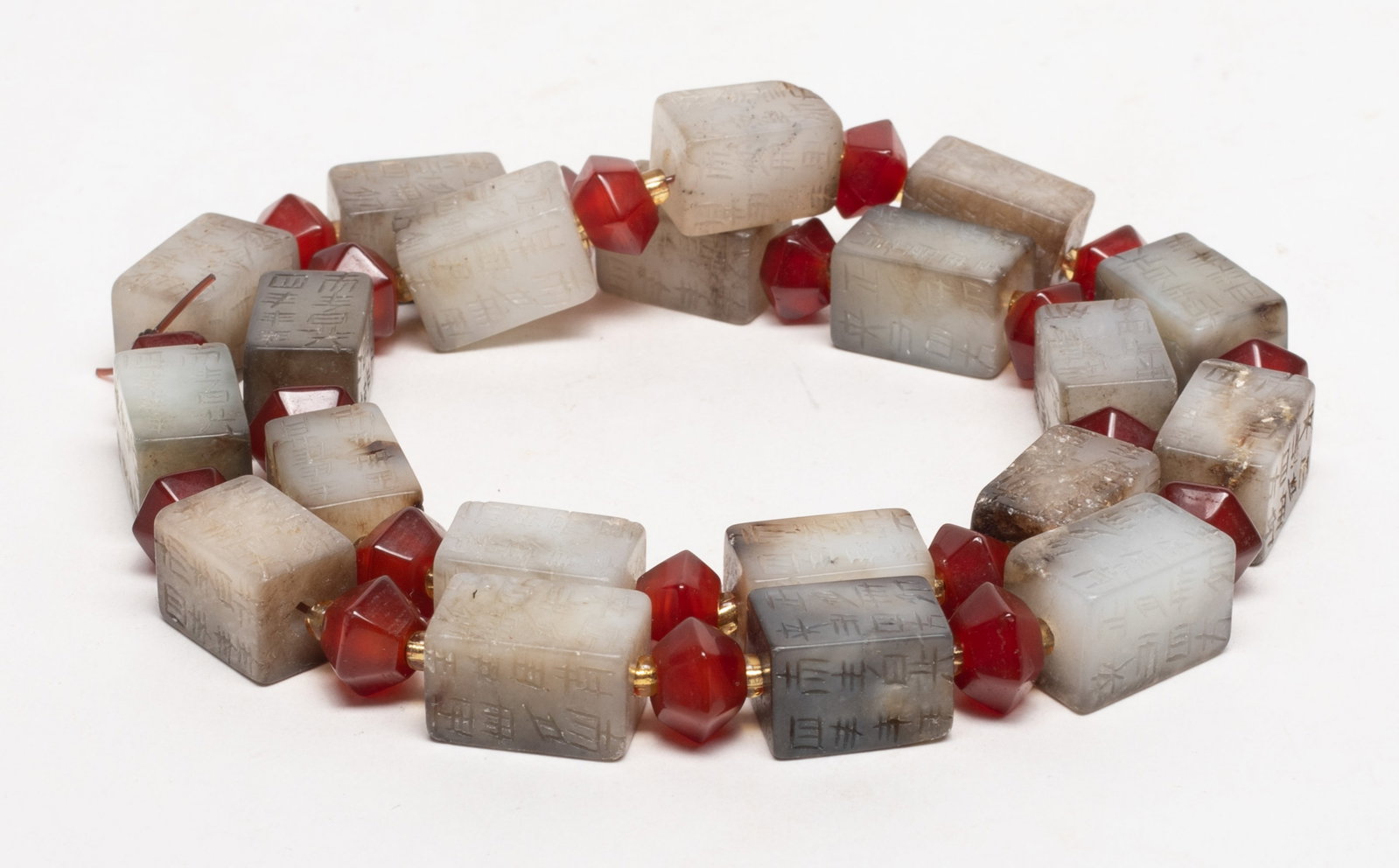 Chinese Jade, Cameo Agate Necklace: Chinese jade and red agate bead necklace. Approx. 23 inch L.