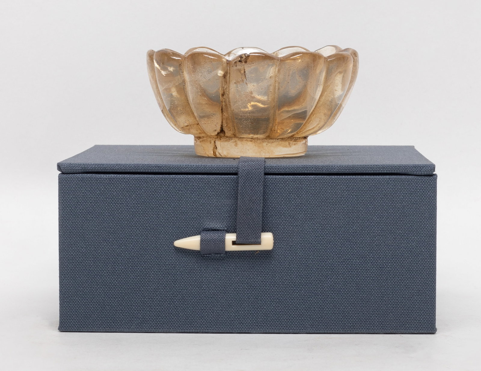 Chinese Rock Crystal Lotus Bowl/ Cup: Chinese rock crystal carved lotus form bowl / cup, with box. Approx. 3.35*1.65 inch (w/o box).