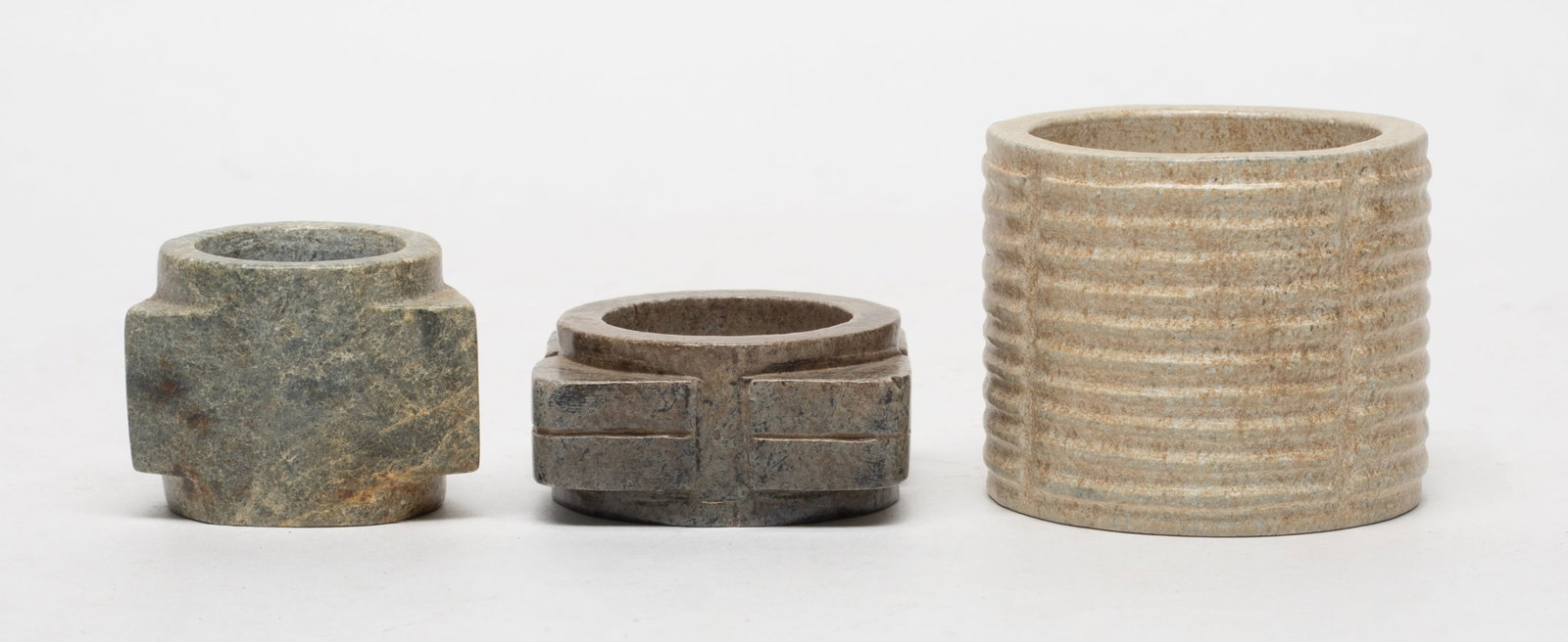 Set Chinese Jade/ Stone Carved Cong Sculptures: Set of three Chinese jade / stone carved cong sculptures. Approx. 1.98*1.65 inch (largest).