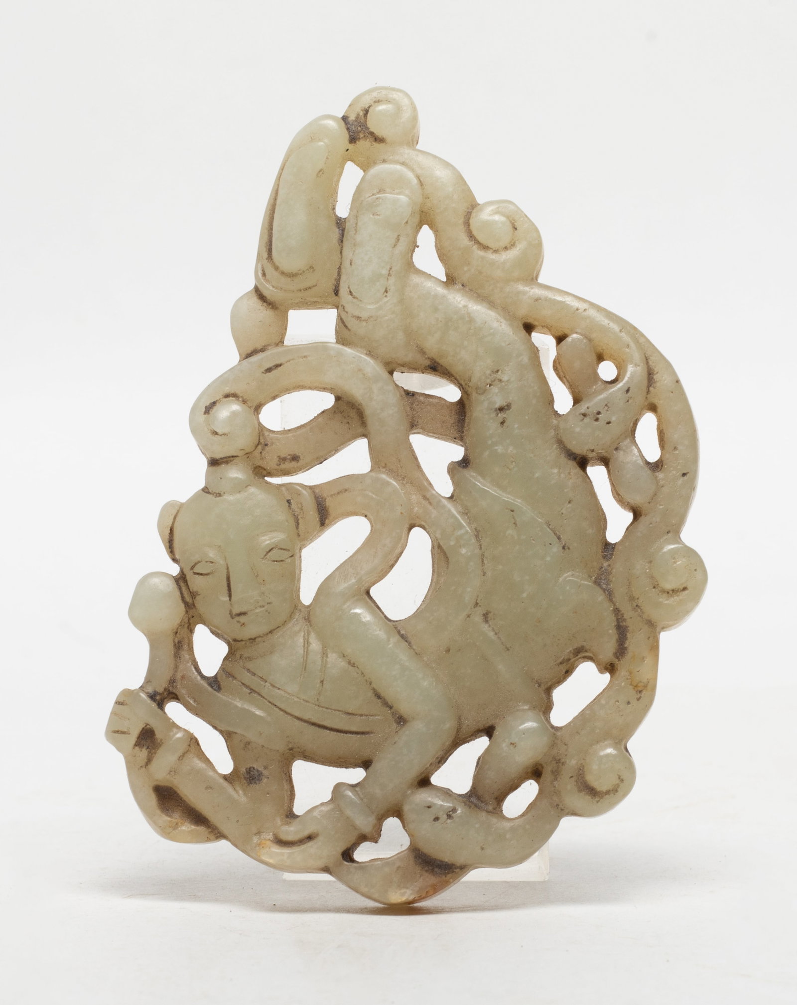 Chinese Jade Carved Figure Pendant: Chinese jade pendant carved in openwork with dancing figure. Approx. 2.90*1.97 inch.