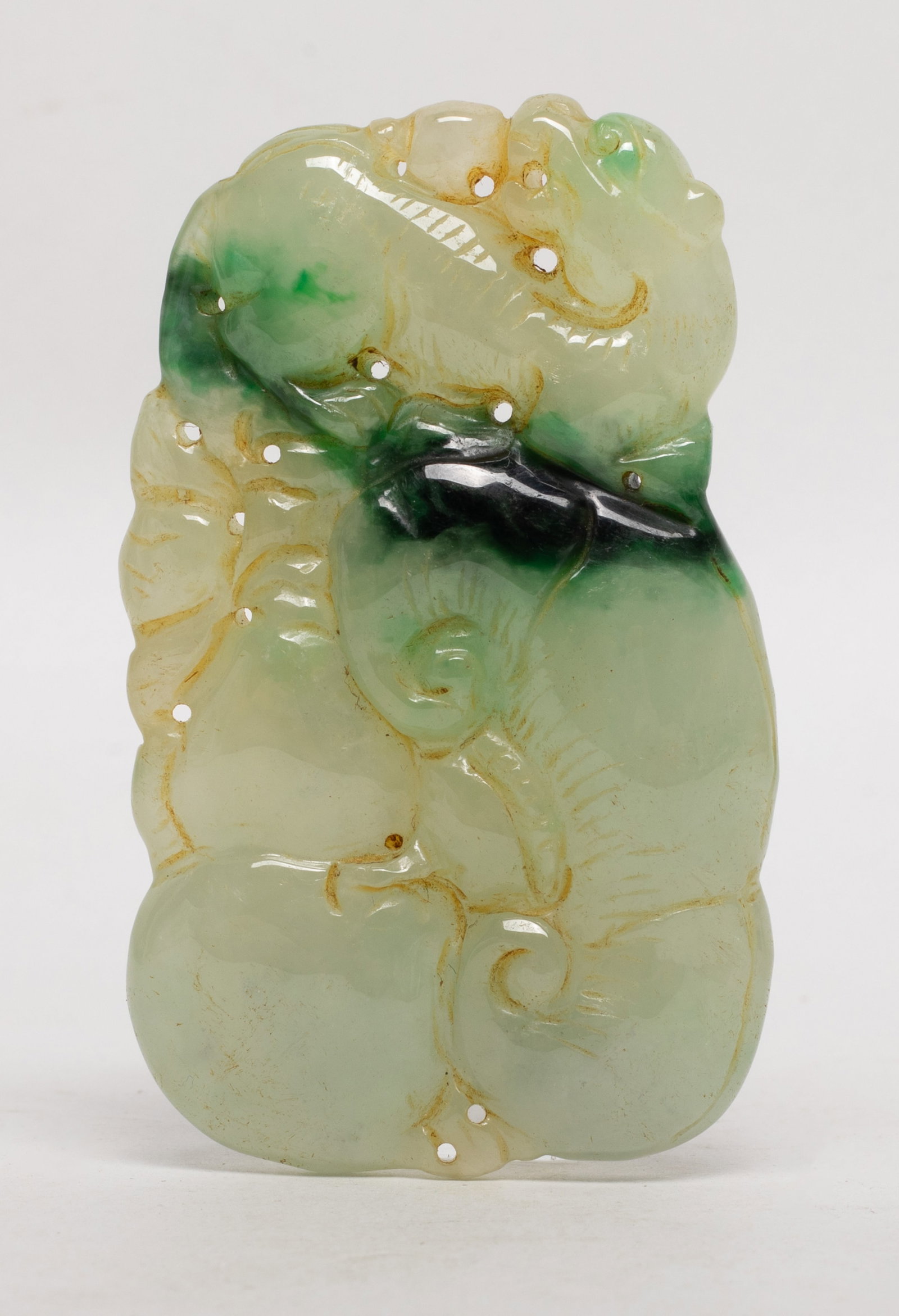 Vintage Chinese Jade Carved Pendant: Chinese jade pendant carved with beast, bat, lingzhi and gourd. Approx. 2.8*1.67 inch.