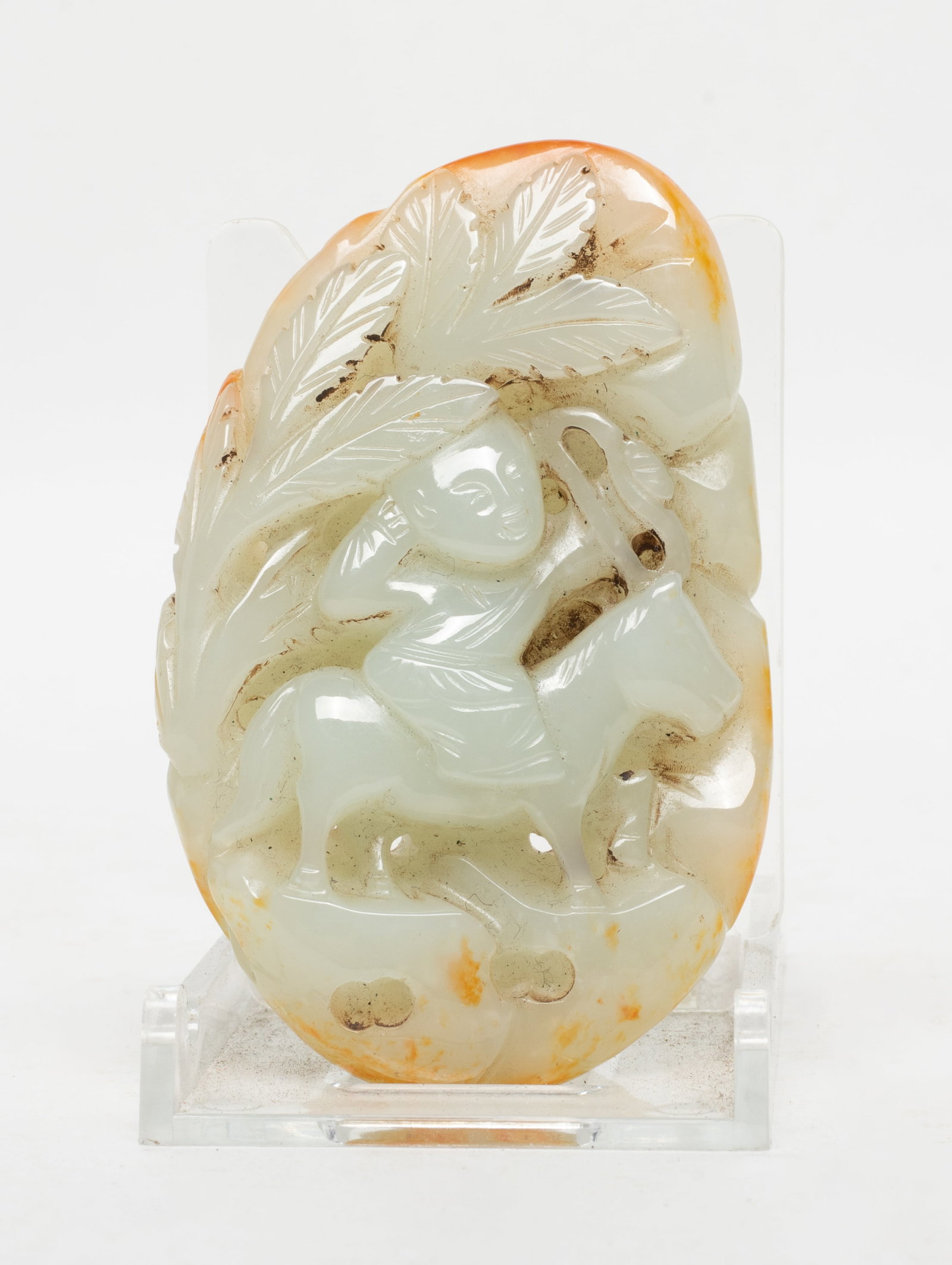 Rare Chinese Russet Jade Pendant: Large Chinese russet jade pendant carved with man riding on horse. Approx. 3.3*2.05*0.65 inch.