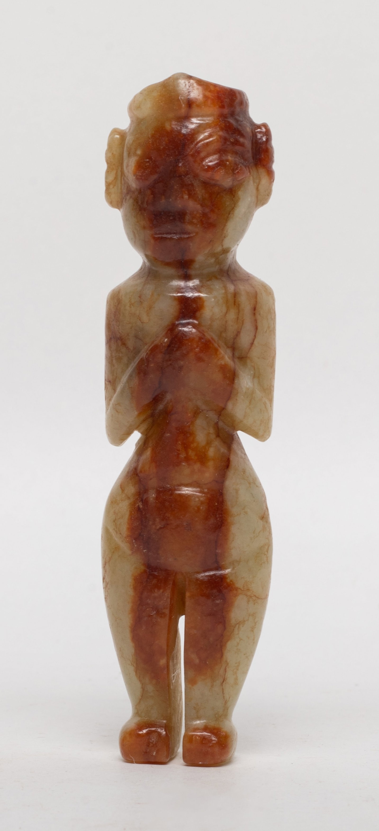 Chinese Export Russet Jade Figure: Chinese russet jade carved standing figure sculpture. Approx. 3.85*0.95*0.75 inch.