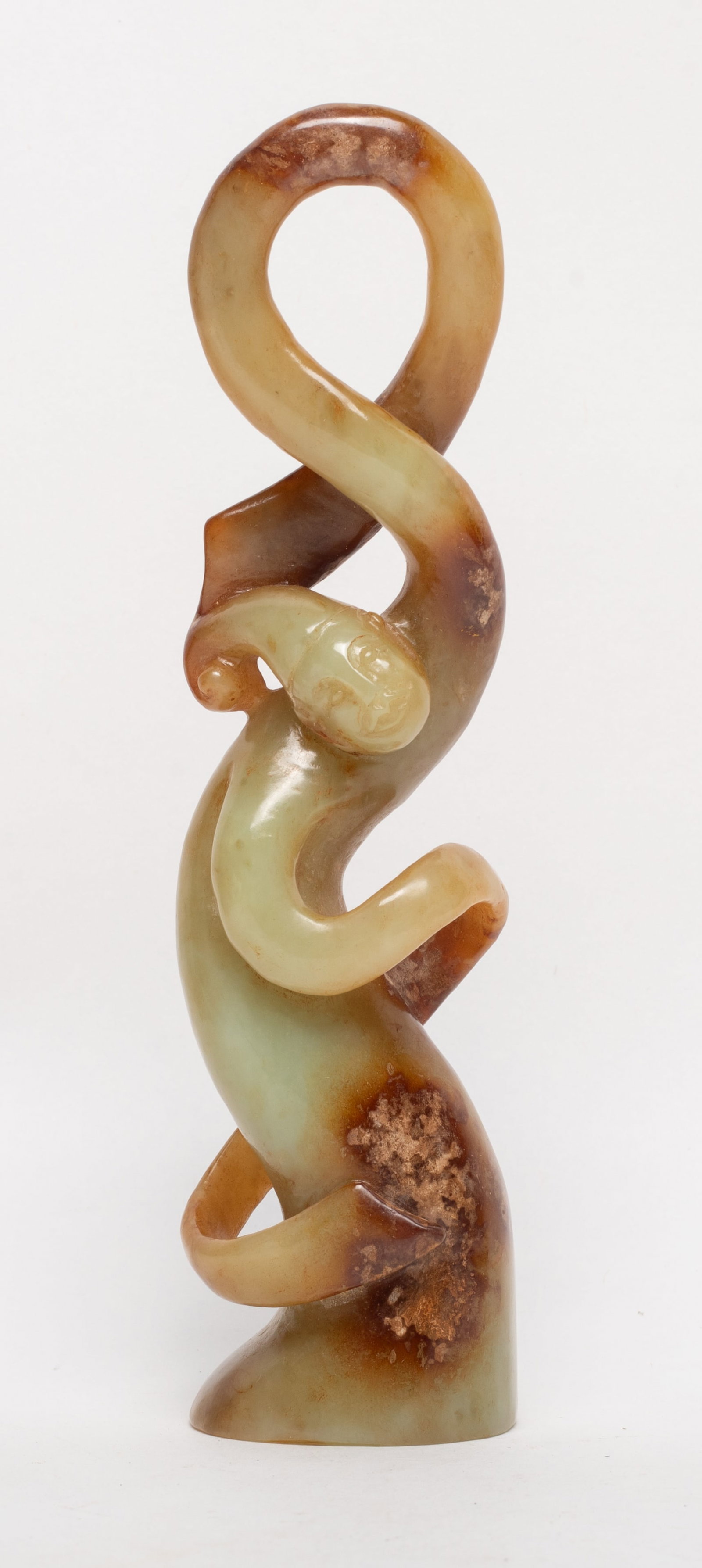 Tall Chinese Russet Jade Figure: Tall Chinese russet jade sculpture carved as dancing figure with long curled sleeves. Approx. 6.2*1.6*1.4 inch.