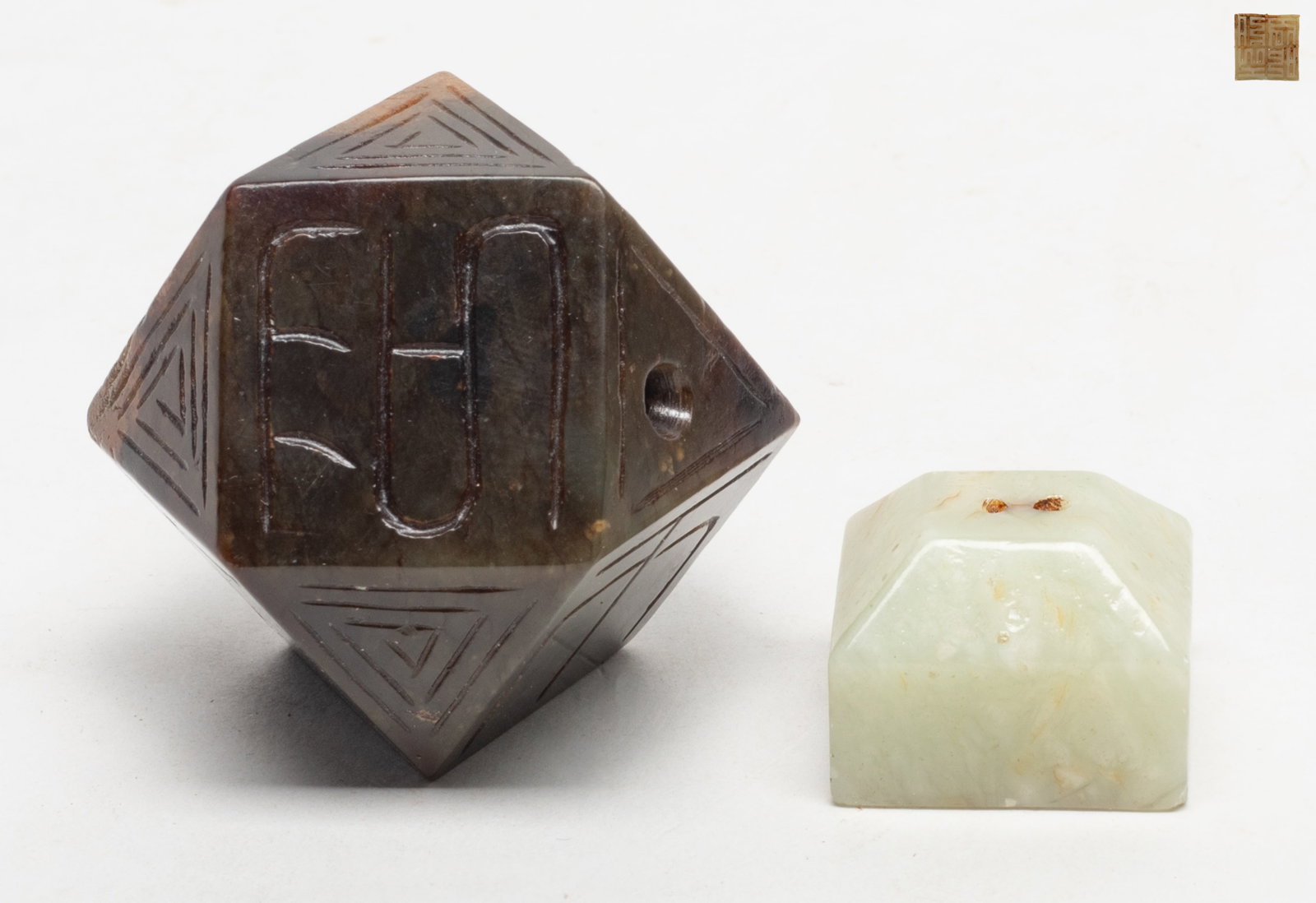 Two Chinese Jade Carved Seals: Two Chinese jade carved seals. Approx. 1.86*1.8*1.77 inch (larger).