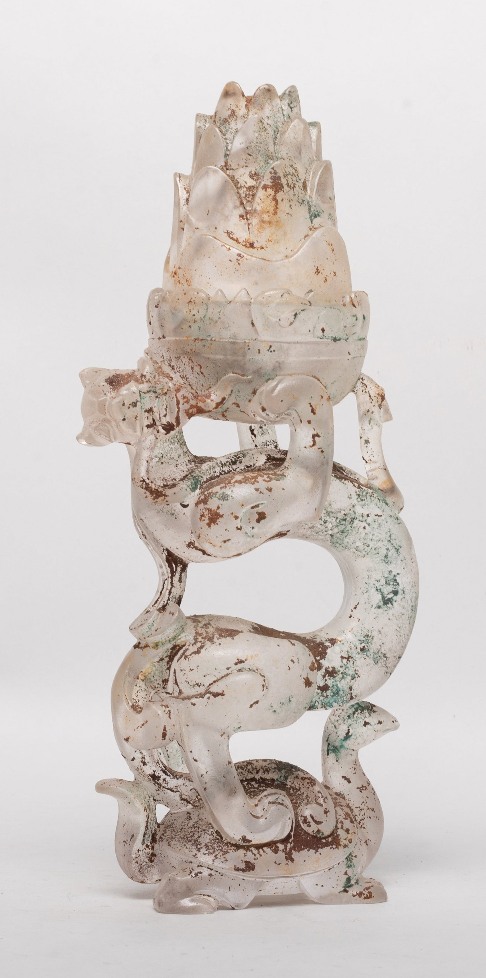 Tall Chinese Export Peiking Glass Sculpture: Chinese Peiking glass sculpture molded as a sinuous beast supporting a censer. Approx. 11*5*2.4 inch.