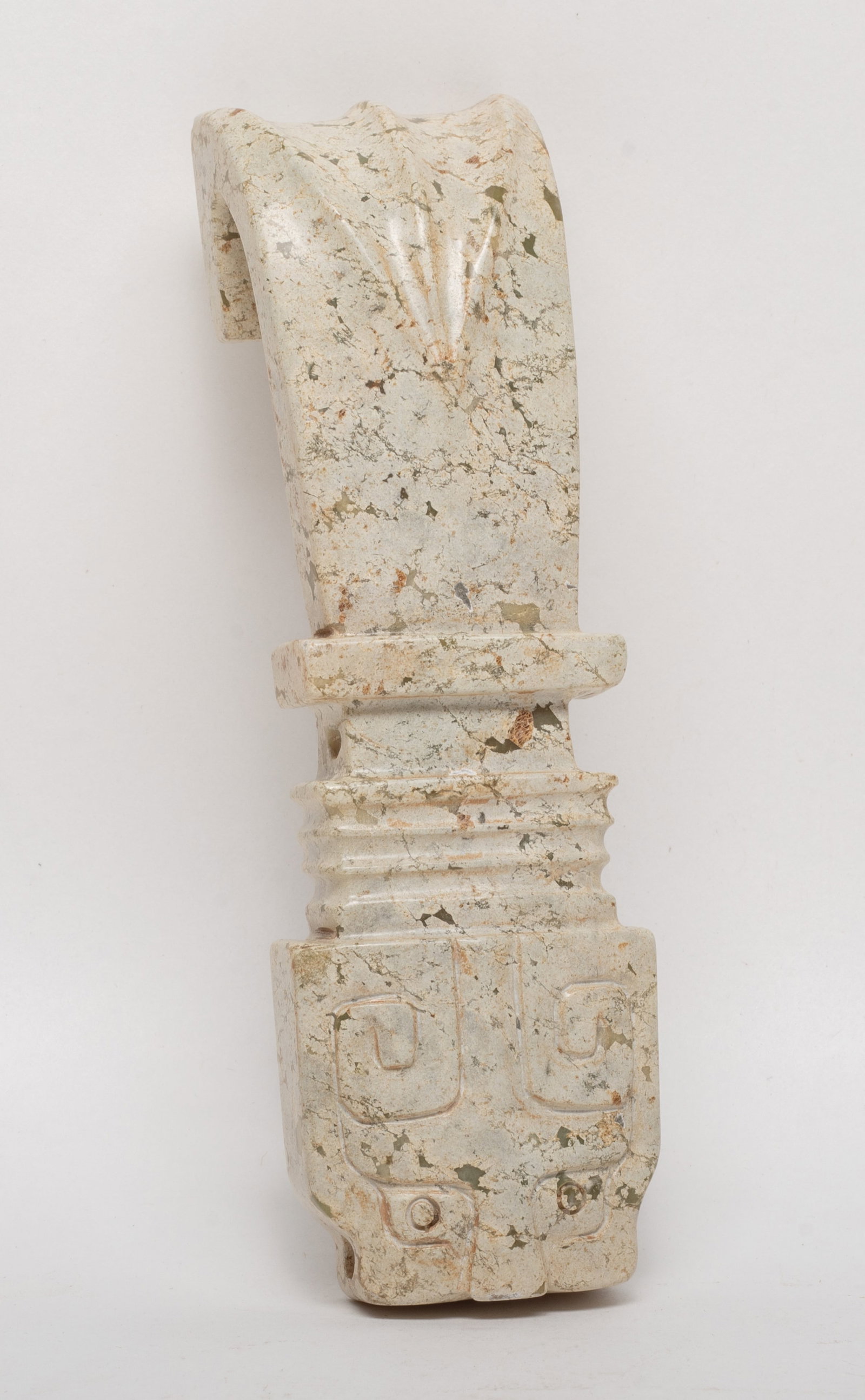 Unusual Chinese Jade/ Stone Carved Sculpture: Special Chinese jade / stone sculpture carved with stylized mask. Approx. 6.4*1.9*1.4 inch.
