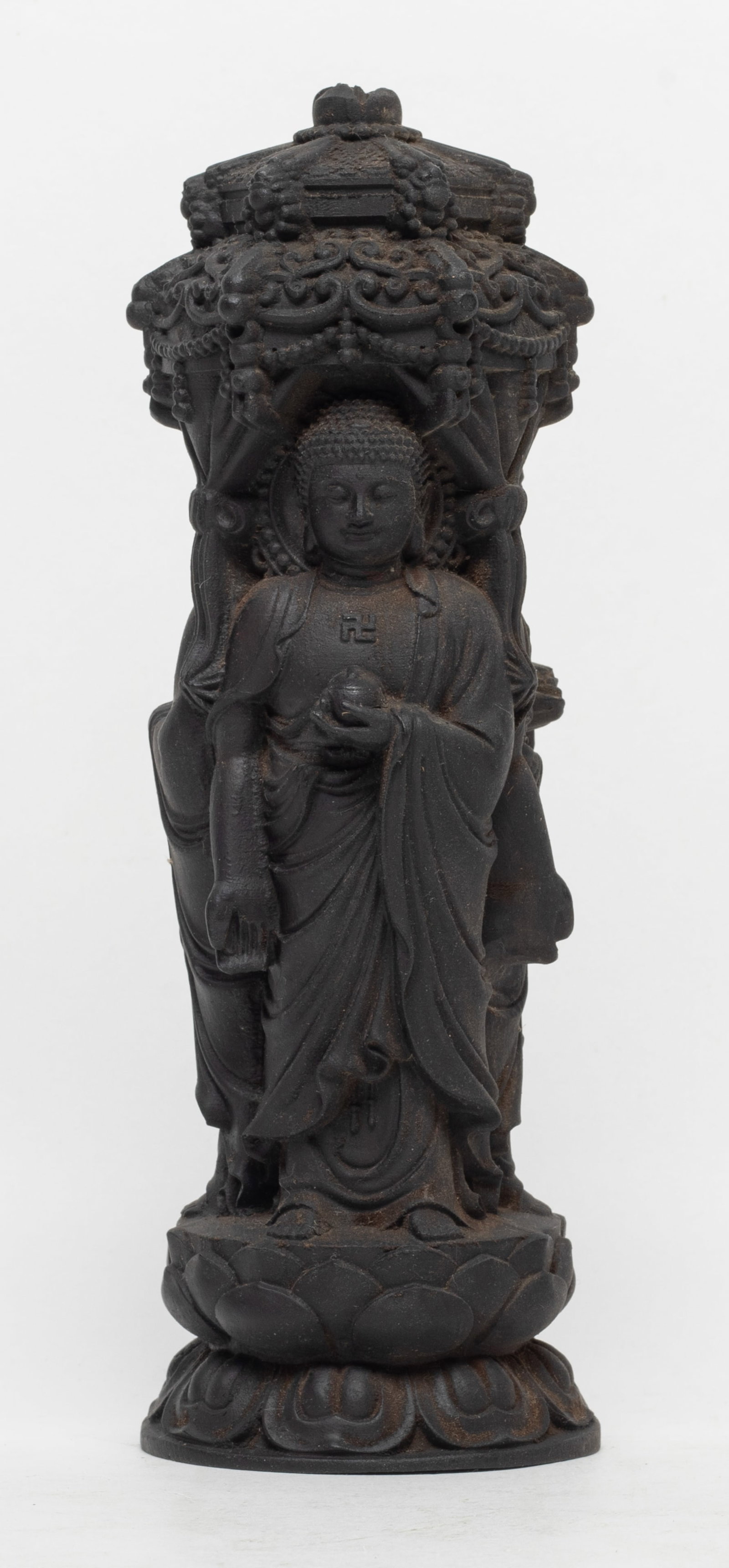 Chinese Agarwood Sculpture of Buddha: Chinese agarwood sculpture carved with three Buddha standing on a lotus base. Approx. 7.8*2.6 inch, 447 gram.