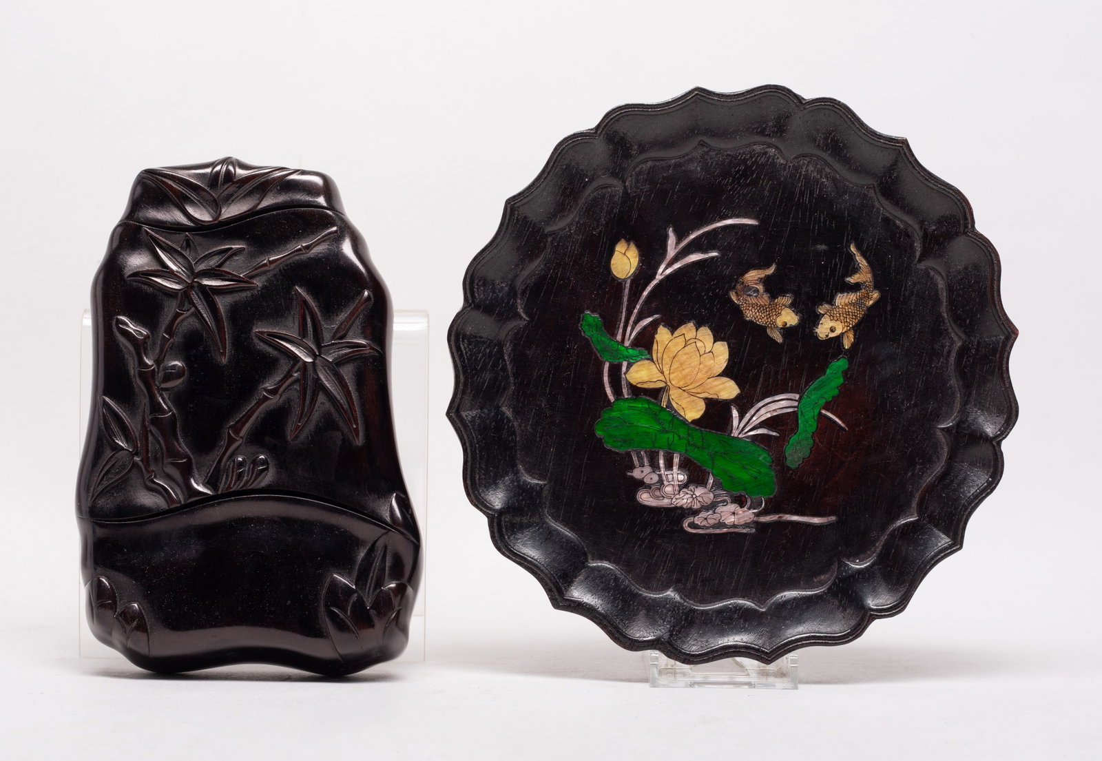 Chinese Wood Plate, Carved Box: The plate of floral shape, the interior decorated with lotus and fish, the covered box of bamboo shape, carved on the top with bamboo. Approx. 7.7 inch D (plate size).