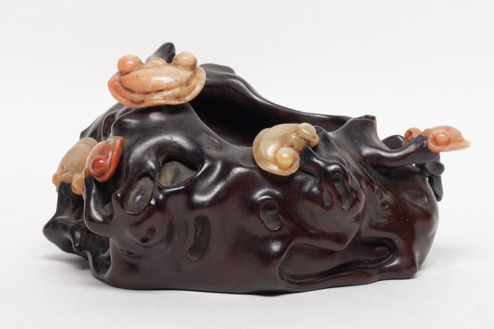 Heavy Chinese Wood Inlaid Stone Water Pot: Chinese wood water pot decorated with stone carved lingzhi fungus. Approx. 5.7*4.2*3 inch.