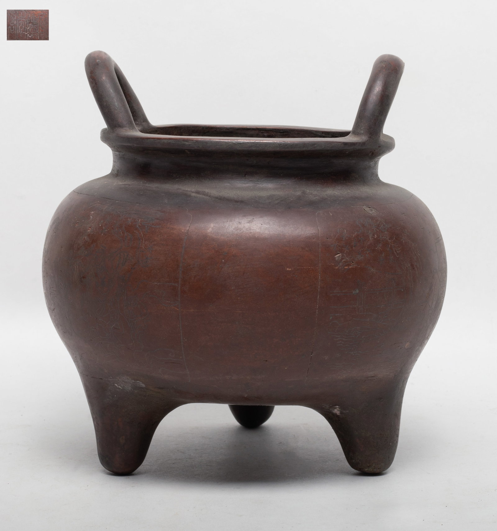 Large Chinese Temple Used Bronze Censer: Large heavy Chinese temple used bronze censer incised with figural and landscape scene, the bottom with seal mark. Approx. 7.9*7.7 inch.