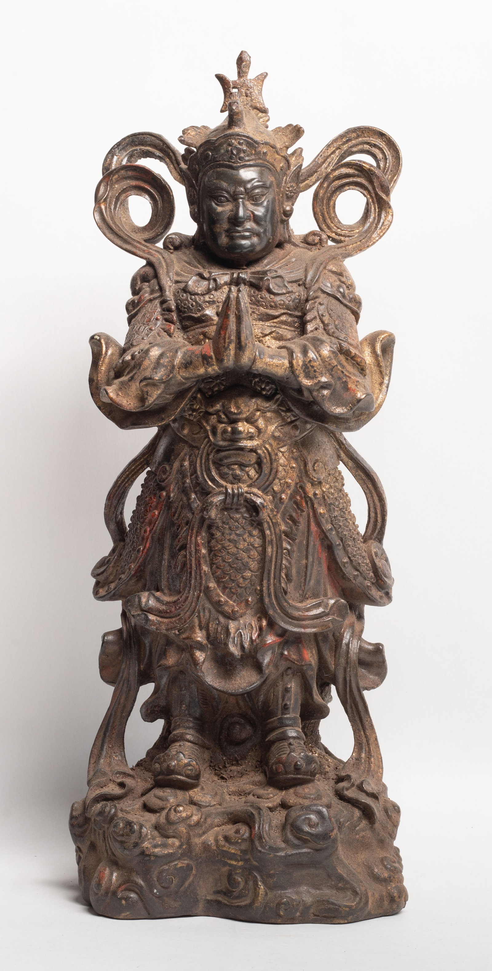 Tall Chinese Painted Bronze Sculpture: Heavy Chinese painted bronze sculpture cast of standing general form. Approx. 15.8*5.7*4.8 inch.