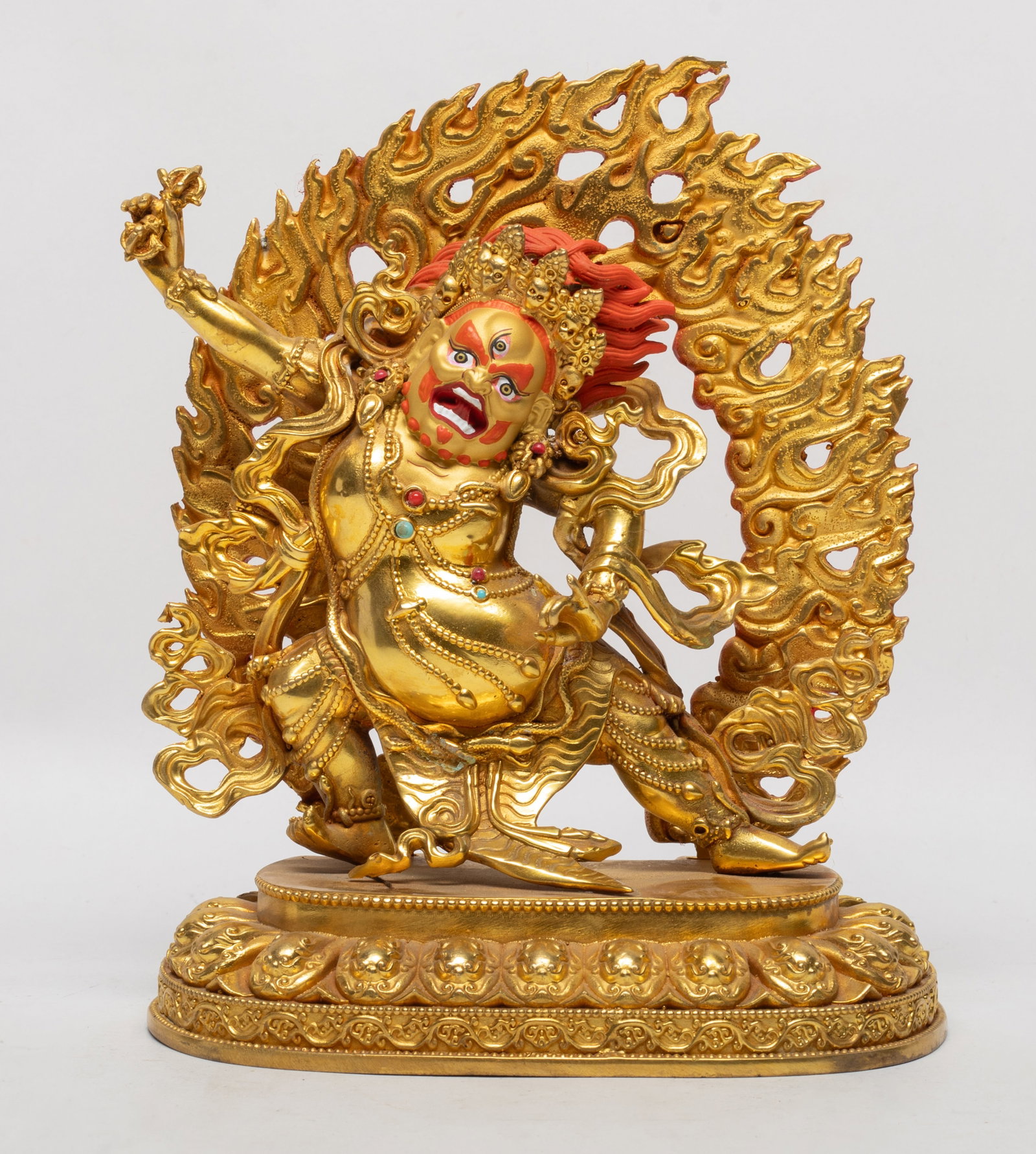 Large Chinese Gilt Bronze Sculpture of Buddha: Large Chinese gilt bronze table sculpture of Buddha standing in front of flame on lotus base. Approx. 8.4*6.5*3.5 inch.