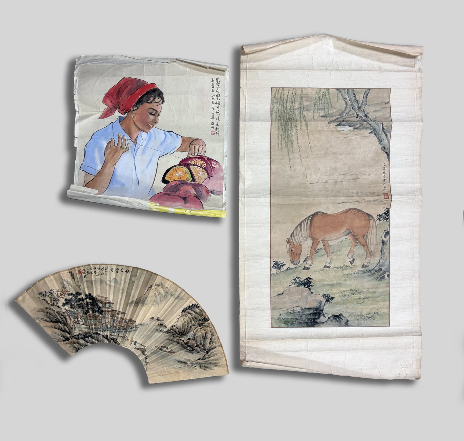 Set Chinese Export Watercolor Paintings: Set of three Chinese watercolor paintings. Approx. 23*11 inch (largest).