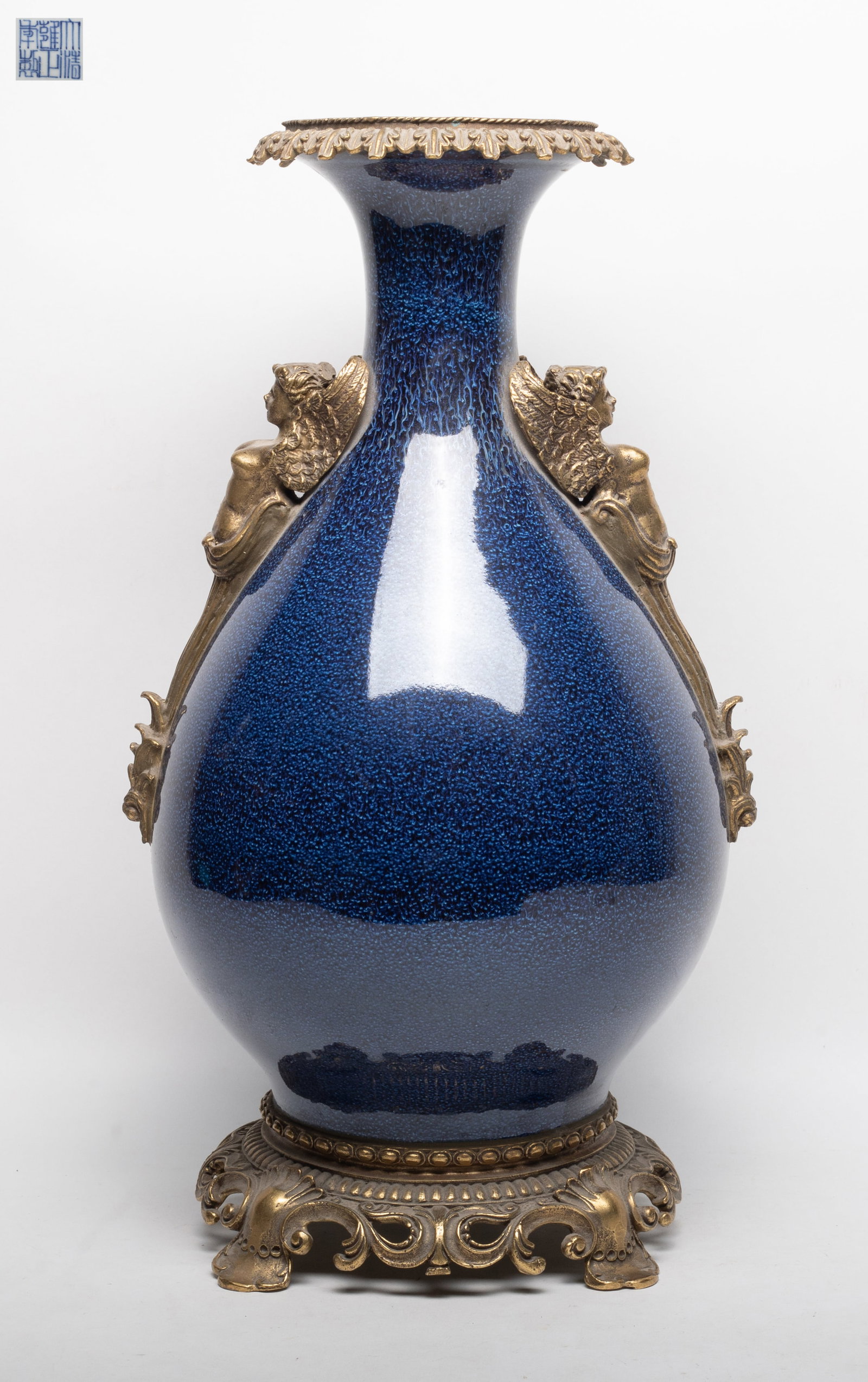 Tall Chinese Flambe Glazed Porcelain Vase: Chinese flambe glazed porcelain vase, with metal handles, mouth and foot, marked six characters to underside. Approx. 16.5*9*8 inch.
