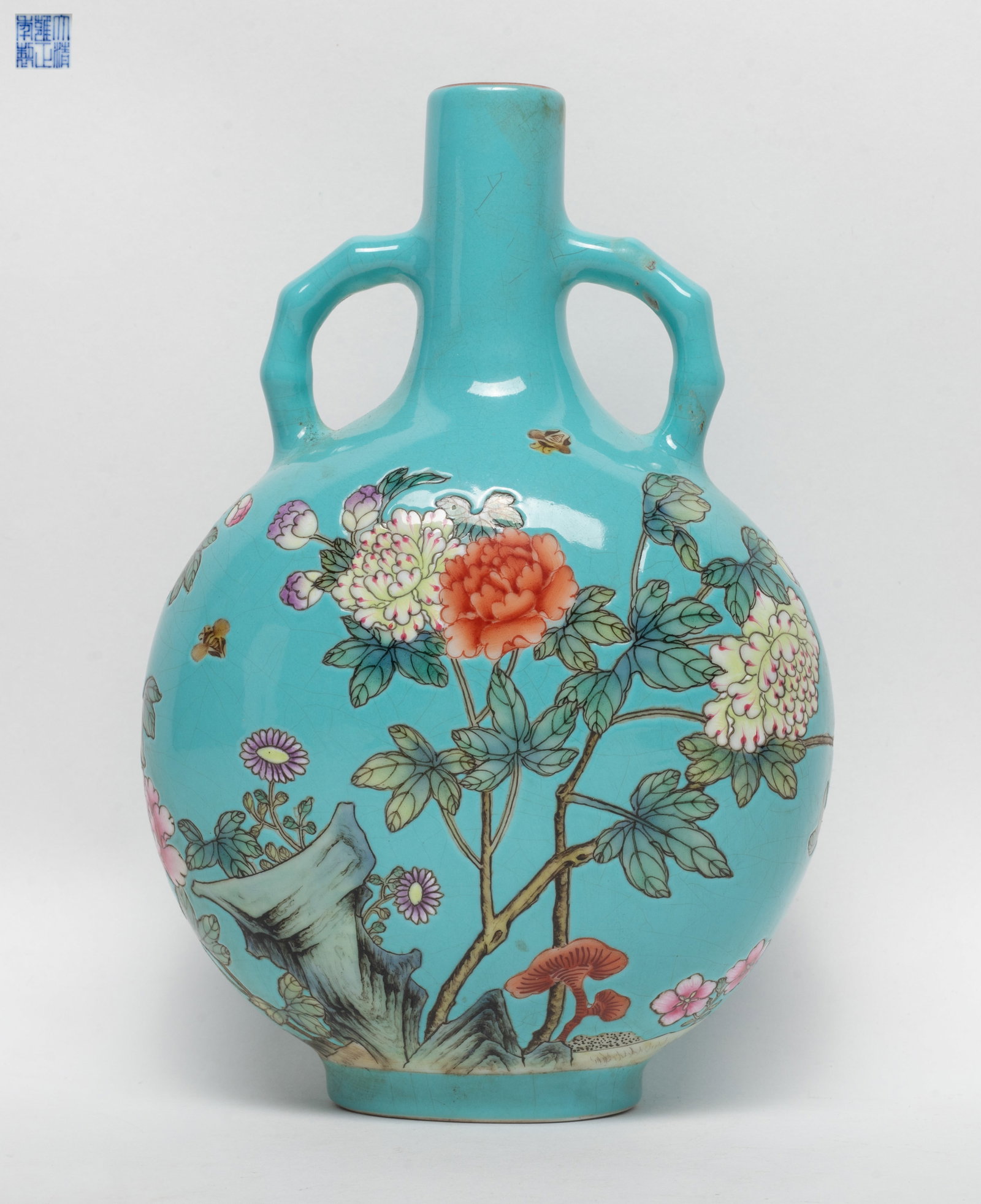 Estate Chinese Export Porcelain Vase: Chinese turquoise glazed porcelain vase enameled butterflies and flowers, marked six characters to bottom. Approx. 8*5.4*3.3 inch.