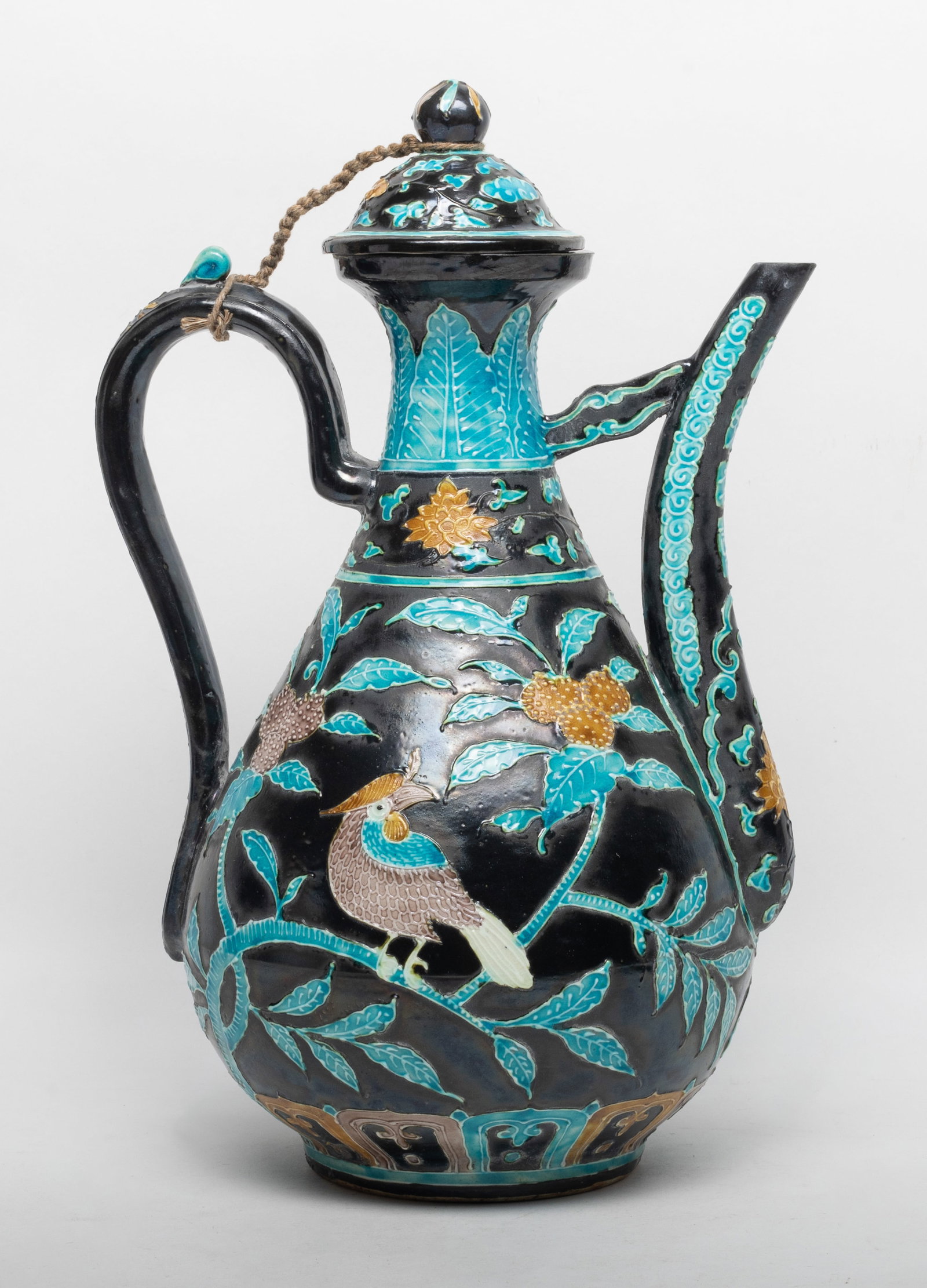 Large Chinese Fahua Glazed Porcelain Pot: Chinese Fahua type porcelain pot decorated with birds and fruit stems on black glazed body. Approx. 11.7*7.5*6.1 inch.