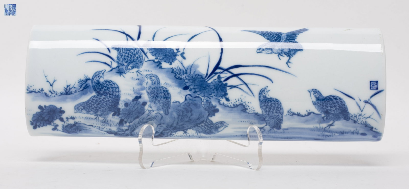 Vtg. Chinese Blue & White Porcelain Armrest: Chinese porcelain armrest painted with birds and flowers, marked six characters to underside. Approx. 8.5*2.7*1.3 inch.