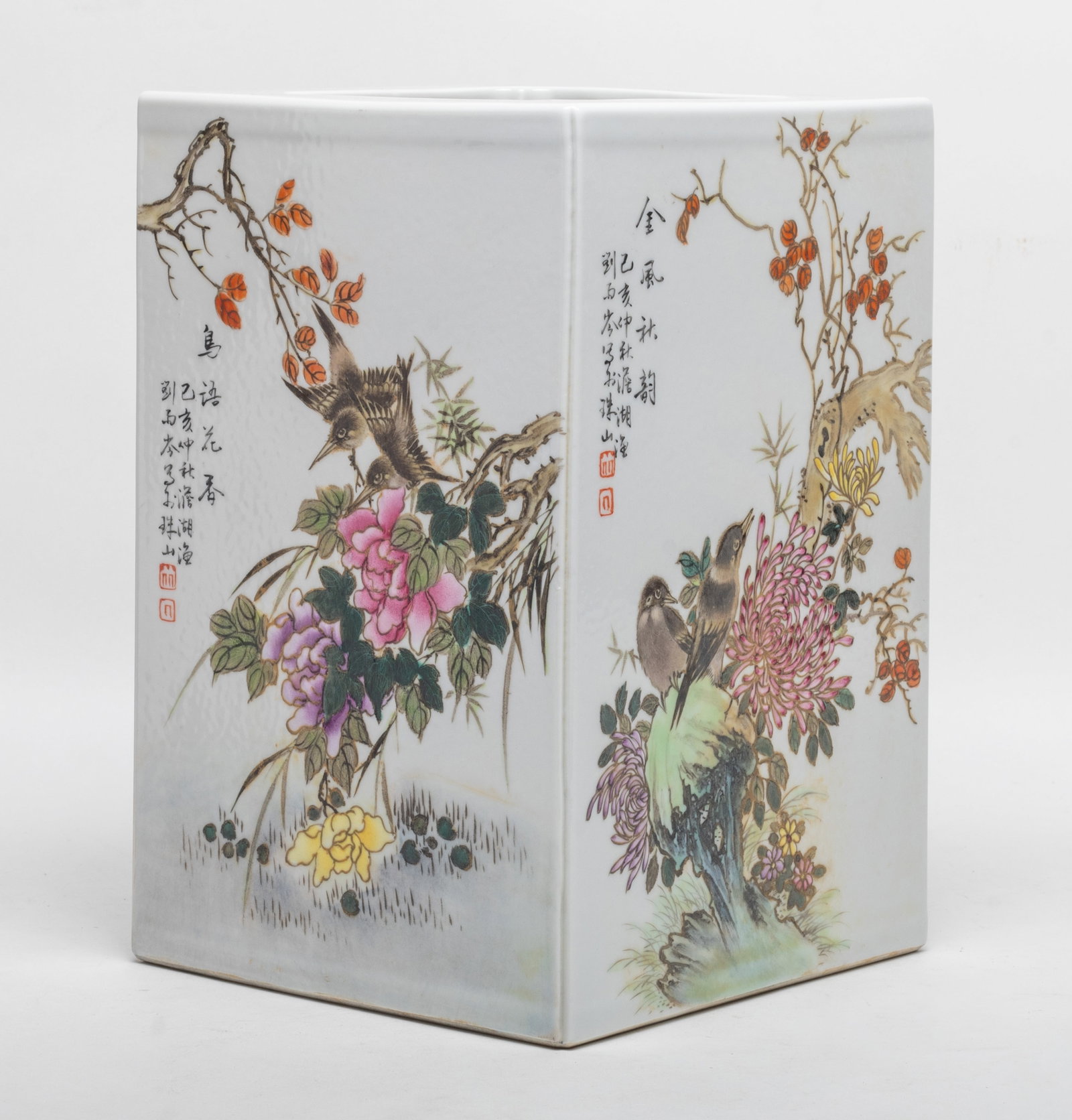Large Chinese Famille Rose Porcelain Brush Pot: Large heavy Chinese famille rose porcelain brush pot painted with birds and flowers on each side. Approx. 6.5*6.4*9.6 inch.