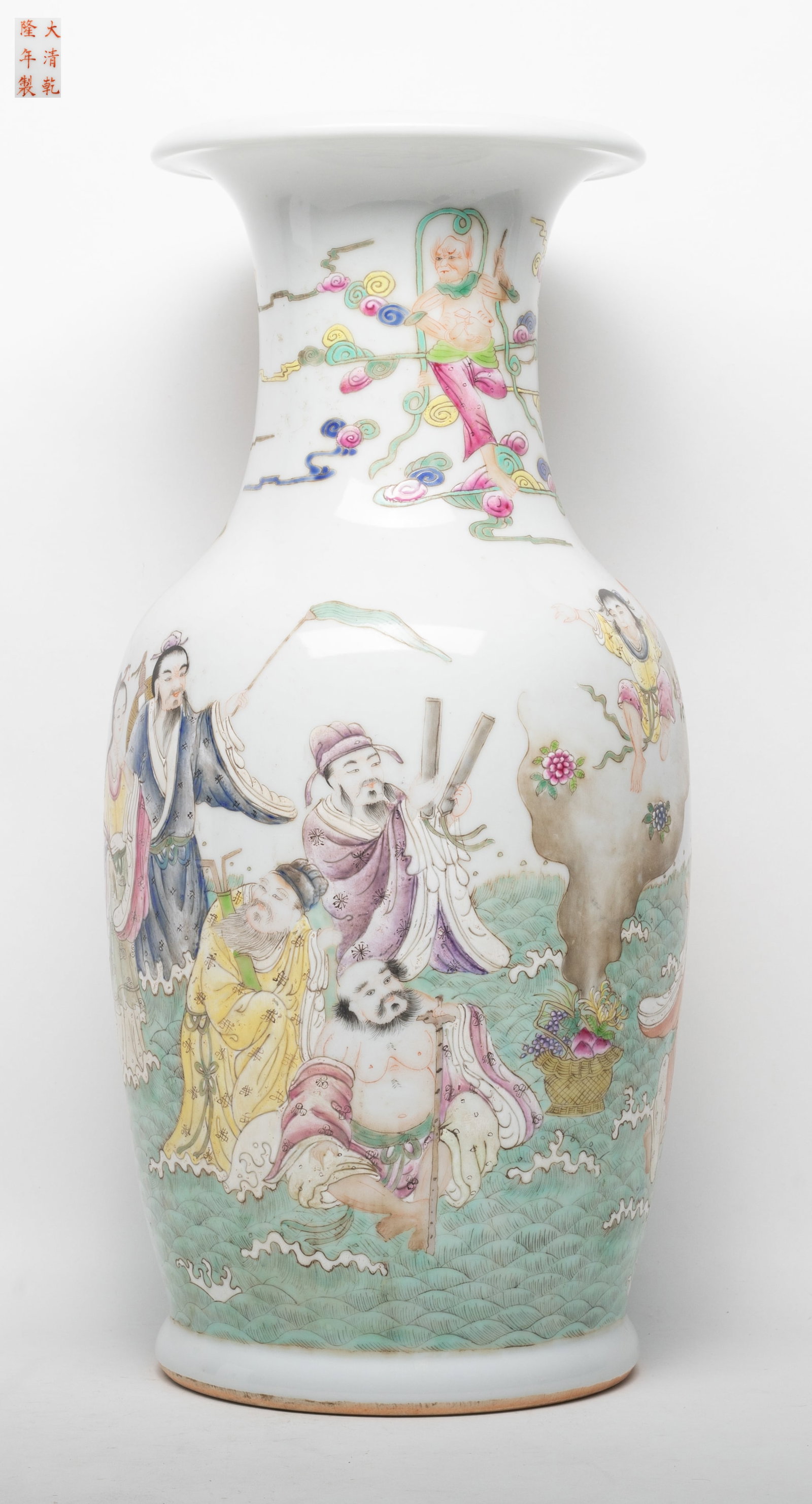 Tall Chinese Famille Rose Porcelain Vase: Tall Chinese famille rose porcelain vase painted Daoist Eight Immortals, marked six characters to underside. Approx. 17.7*8.2 inch.