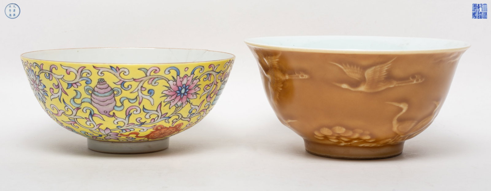 Two Chinese Export Porcelain Bowls: One bowl enameled lotus and traditional symbols, the other carved cranes and pine trees, each bottom marked six characters. Approx. 6.1*3 inch.