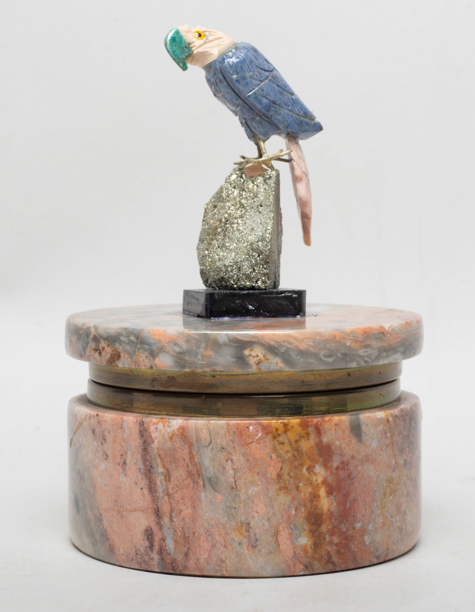 Vintage Stone Box w/ Lapis, Gemstone Bird Final: Round stone box with a lapis, gemstone and mine stone carved parrot finial. Approx. 5.7*4 inch.