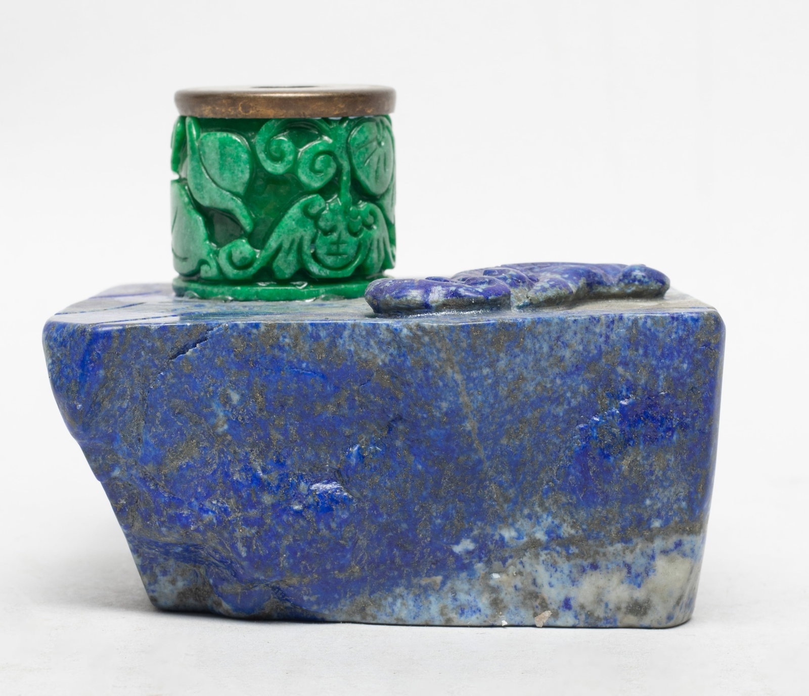 Estate Chinese Jade, Lapis Inkwell: Chinese jade inkwell carved fish, bat and flower, affixed to lapis base carved lingzhi. Approx. 3.8*3.2*3 inch.