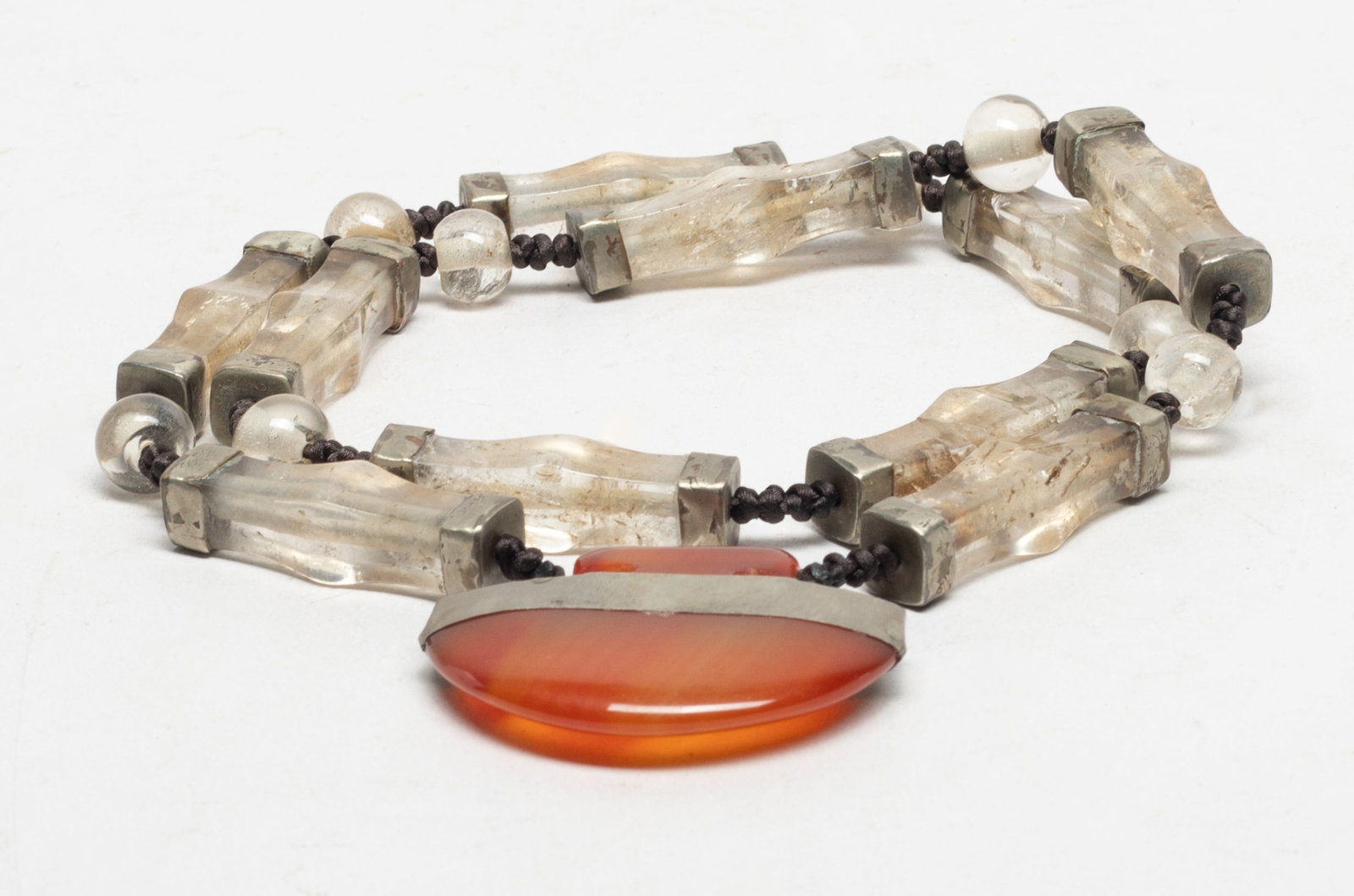 Unusual Chinese Crystal, Agate Necklace: Chinese crystal bead and agate pendant necklace. Approx. 26 inch L.