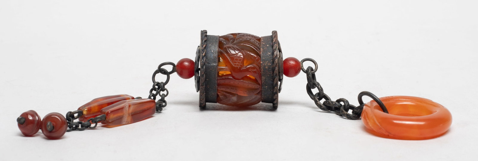 Vtg. Chinese Cameo Agate Purse: Chinese metal and cameo agate hanging purse / incense case. Approx. 9.5*1.4 inch.