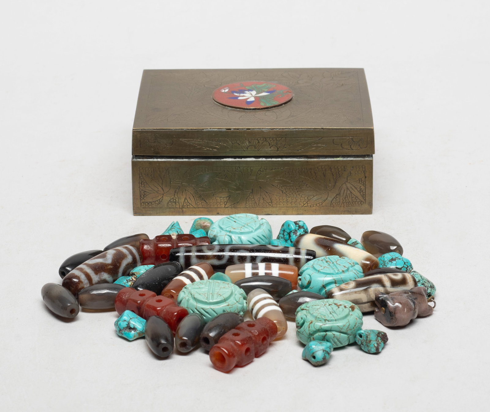 Box of Chinese Old Beads Collection: Large group of Chinese stone and agate beads, with box. Size varies.