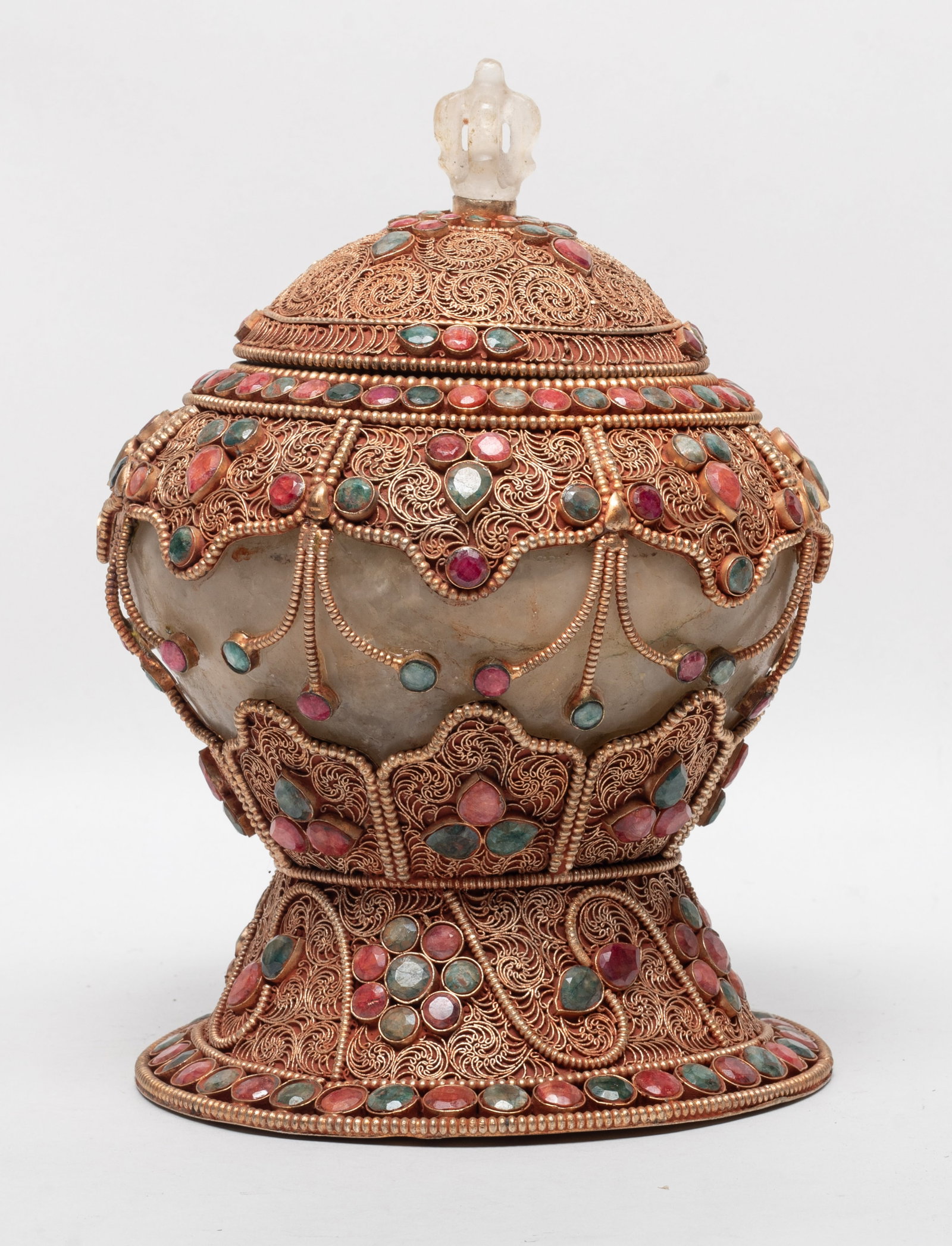 Large Chinese Sino-Tibetan Crystal, Gemstone Bowl: Large heavy Chinese Sino-Tibetan crystal covered bowl, decorated with gemstone pieces. Approx. 8.7*6.1 inch.