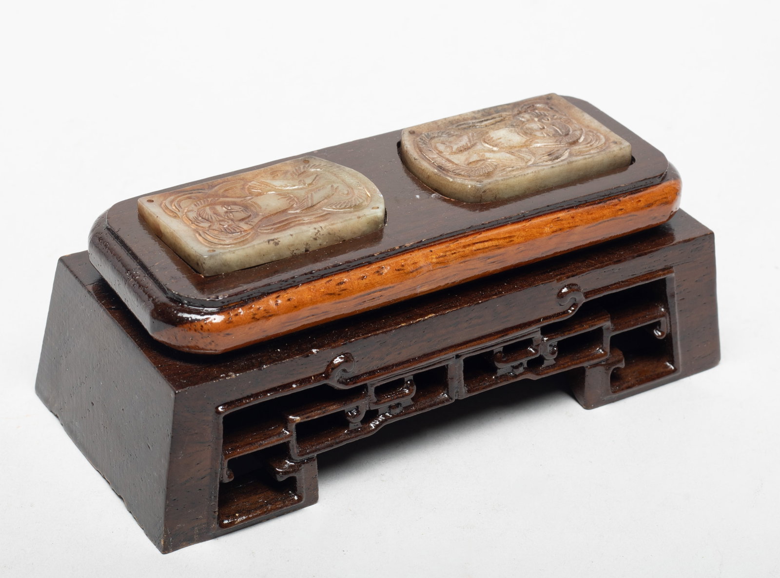 Two Chinese Jade Plaques Inlaid Wood Base (1 of 10)