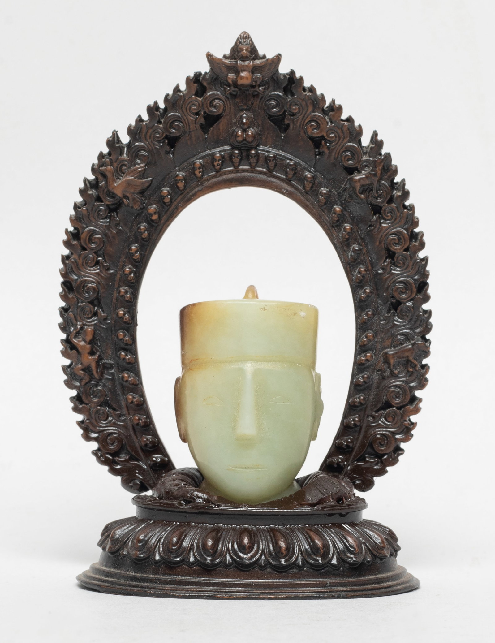 Rare Chinese Early Type Jade Head on Stand: Chinese russet jade carved human head sculpture, with flame shaped lotus wood stand. Approx. 3.7*2.5*1.4 inch (stand size).