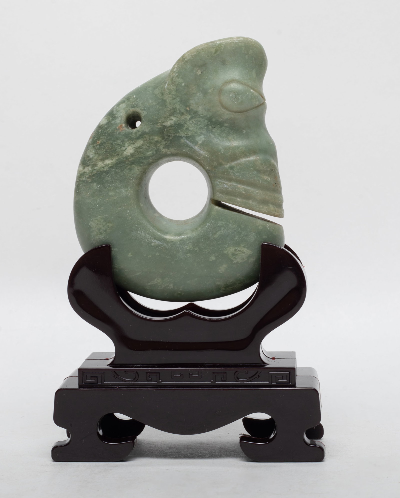 Estate Chinese Jade Sculpture: Chinese jade carved archaistic pig-dragon sculpture, with stand. Approx. 3.4*2.8*0.87 inch (w/o stand).