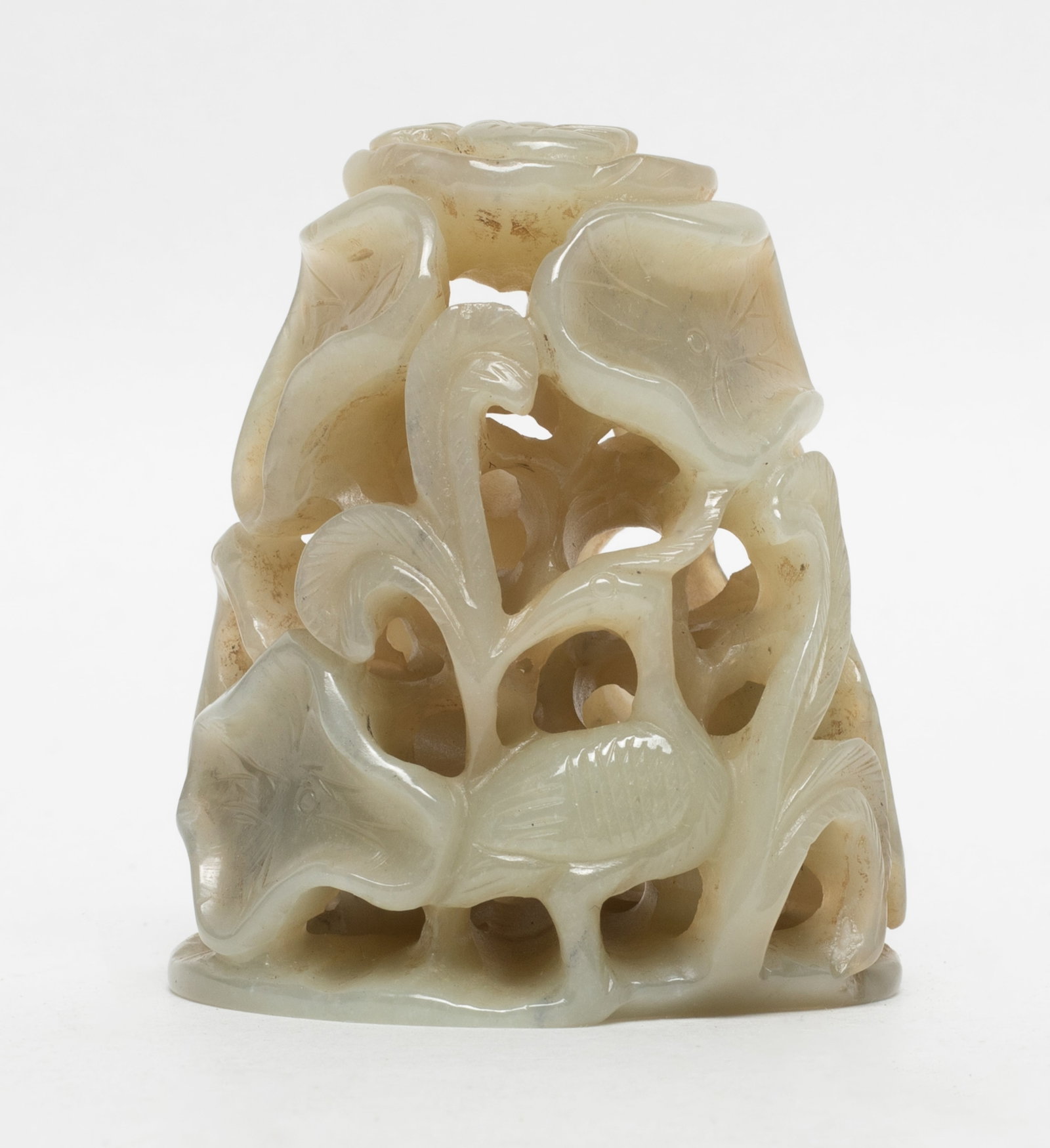 Chinese Jade Carved Censer Final: Chinese jade finial carved in openwork with egrets, lotus leaves, lingzhi and dragonfly. Approx. 2.3*1.97*1.6 inch.